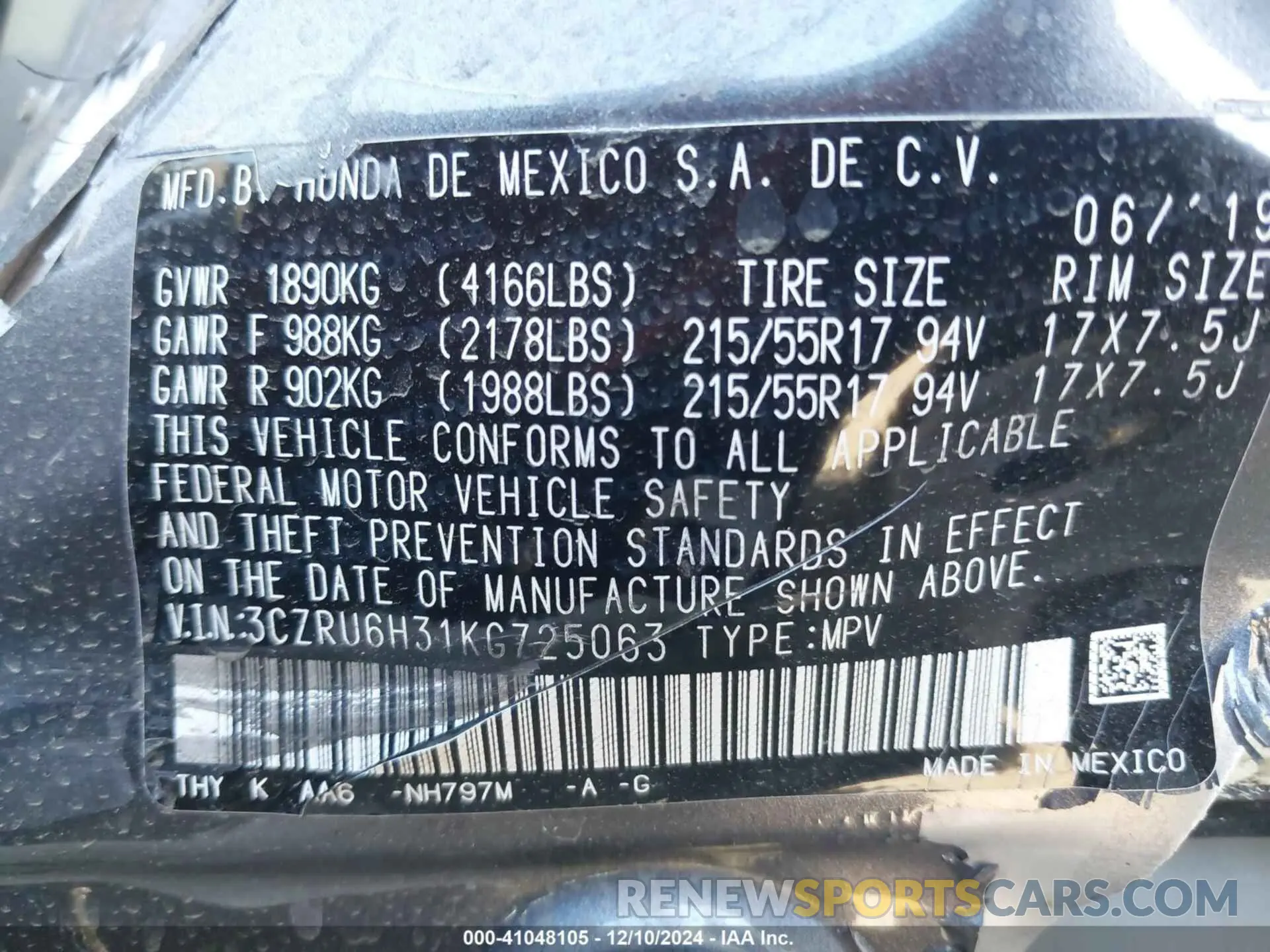 9 fotografías del automóvil dañado 3CZRU6H31KG725063 HONDA HR-V 2019