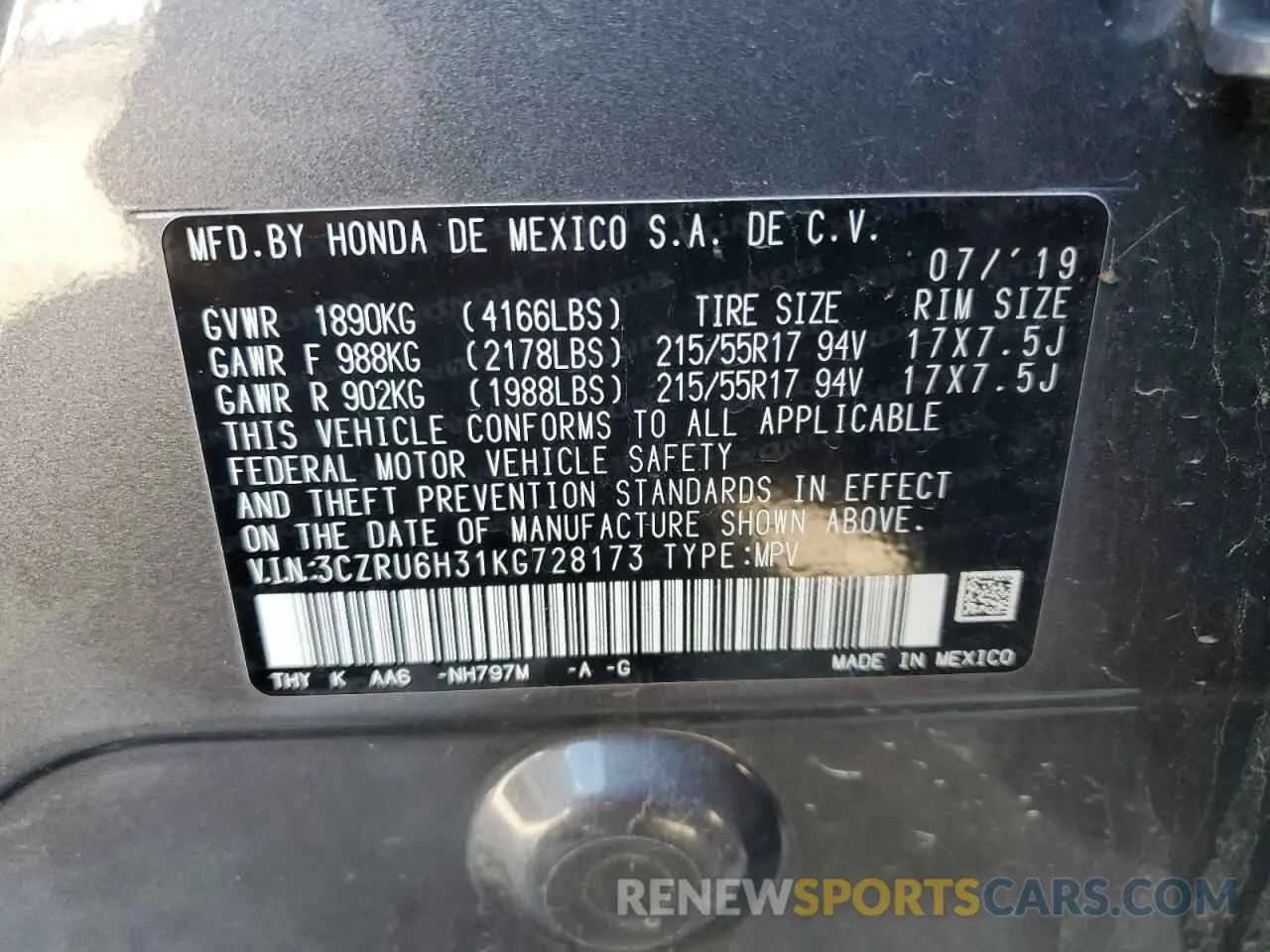 15 fotografías del automóvil dañado 3CZRU6H31KG728173 HONDA HR-V 2019