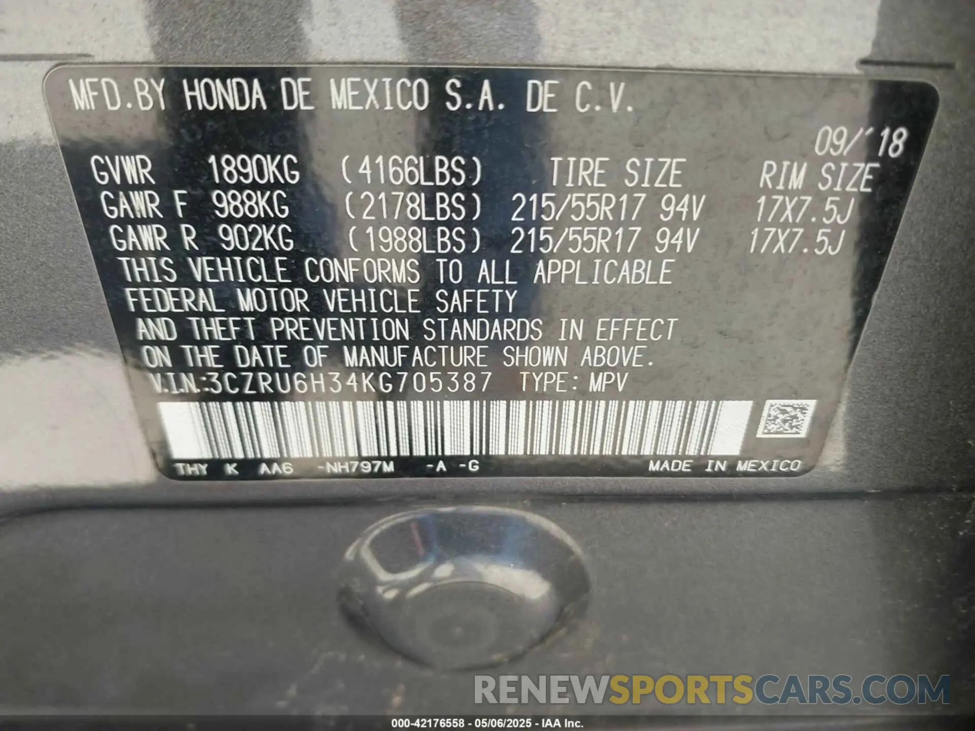 9 fotografías del automóvil dañado 3CZRU6H34KG705387 HONDA HR-V 2019
