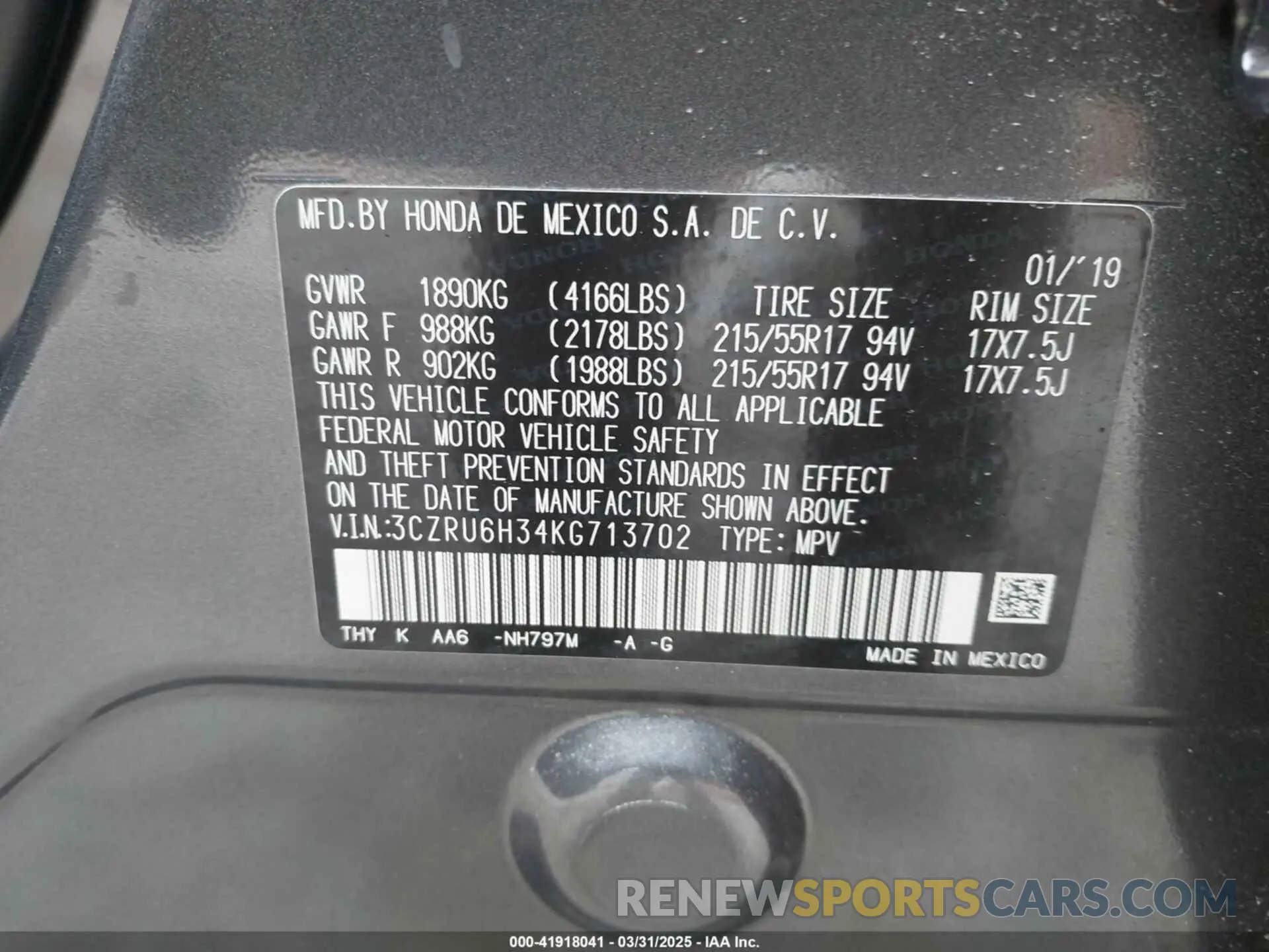 9 fotografías del automóvil dañado 3CZRU6H34KG713702 HONDA HR-V 2019
