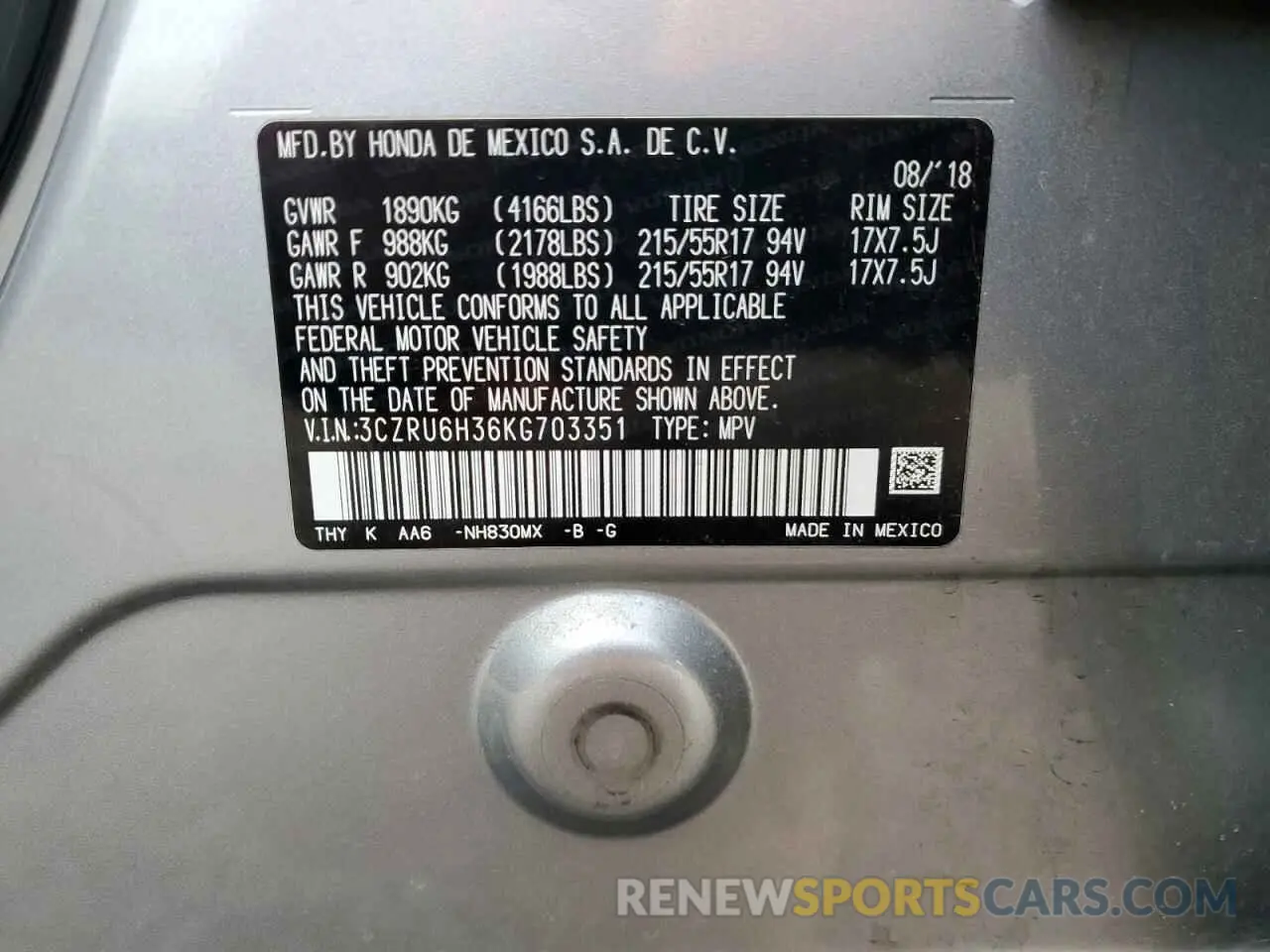 13 fotografías del automóvil dañado 3CZRU6H36KG703351 HONDA HR-V 2019