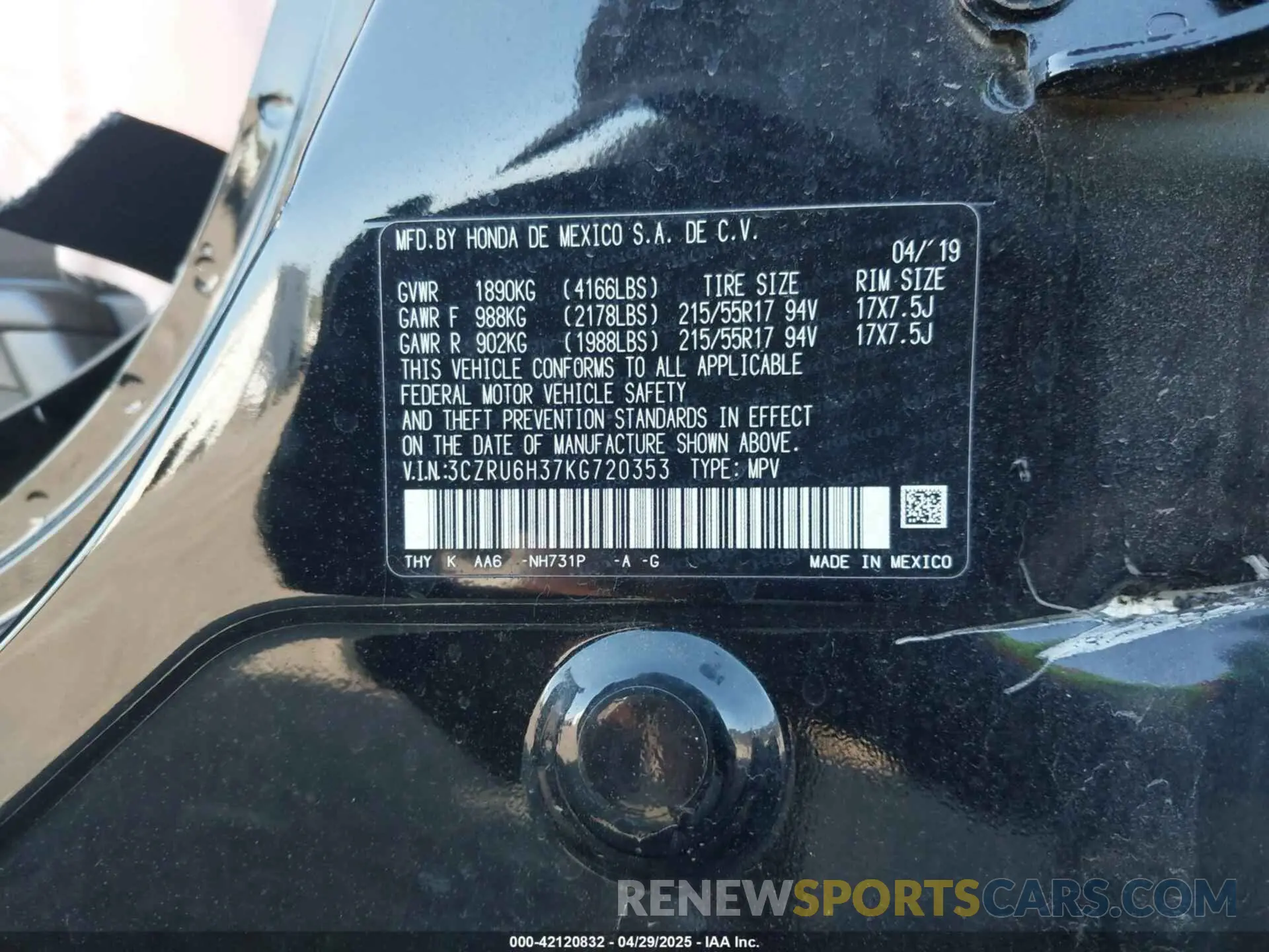 9 fotografías del automóvil dañado 3CZRU6H37KG720353 HONDA HR-V 2019