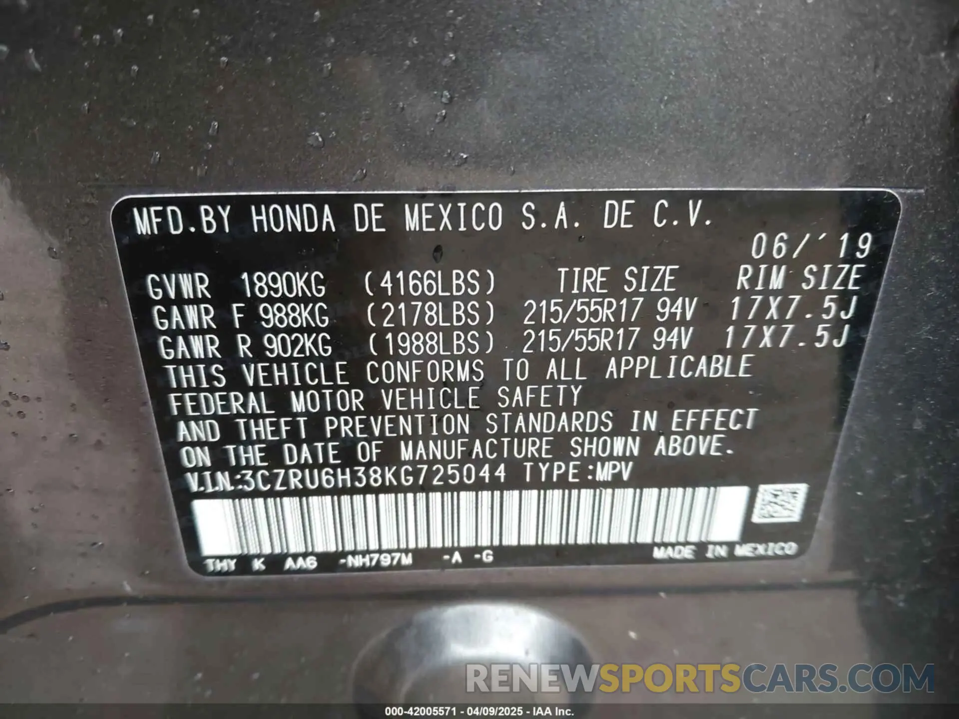 9 fotografías del automóvil dañado 3CZRU6H38KG725044 HONDA HR-V 2019