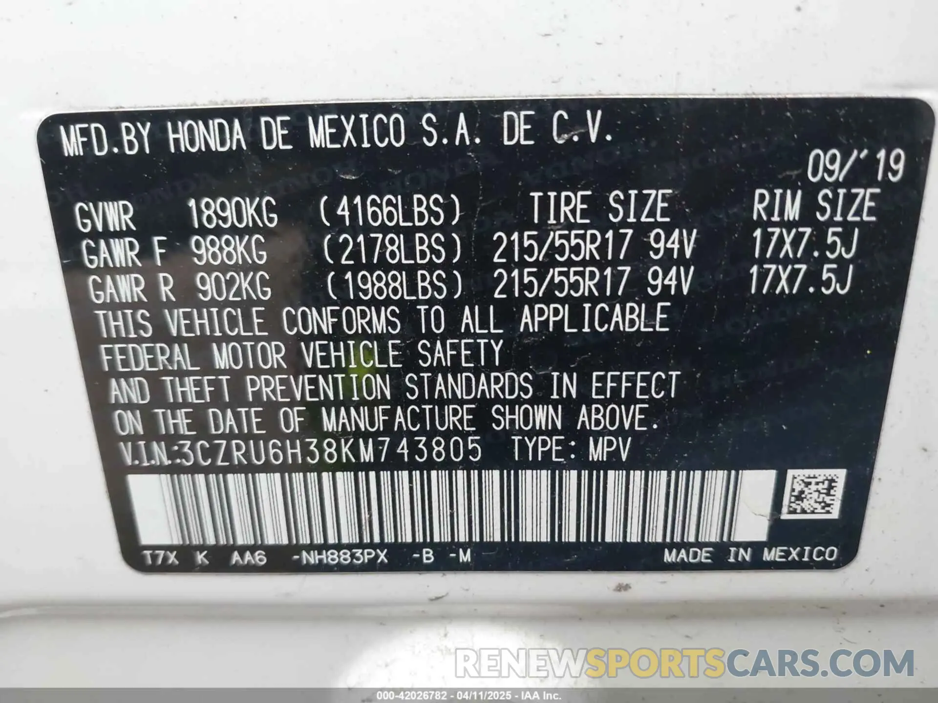 9 fotografías del automóvil dañado 3CZRU6H38KM743805 HONDA HR-V 2019
