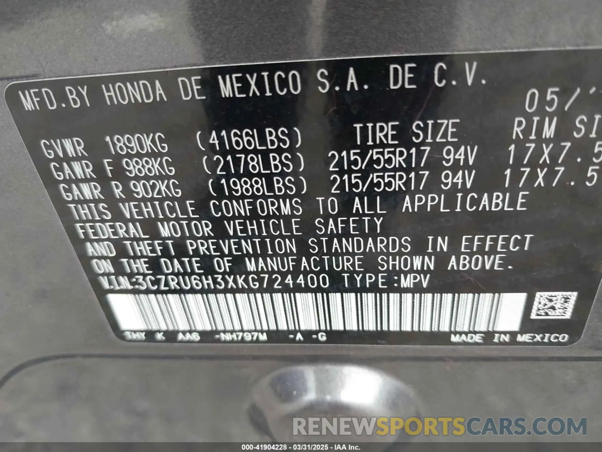 9 fotografías del automóvil dañado 3CZRU6H3XKG724400 HONDA HR-V 2019