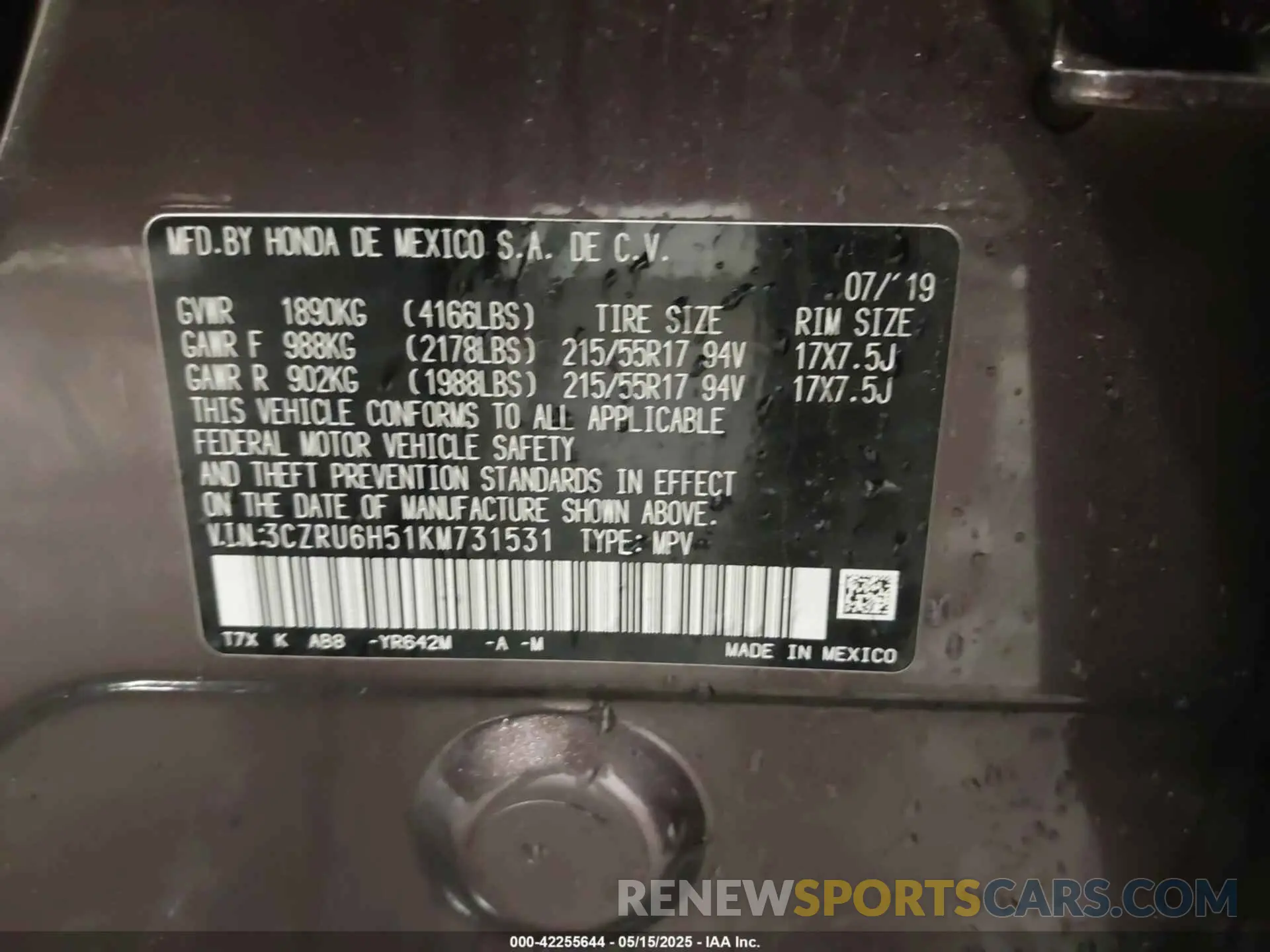 9 fotografías del automóvil dañado 3CZRU6H51KM731531 HONDA HR-V 2019