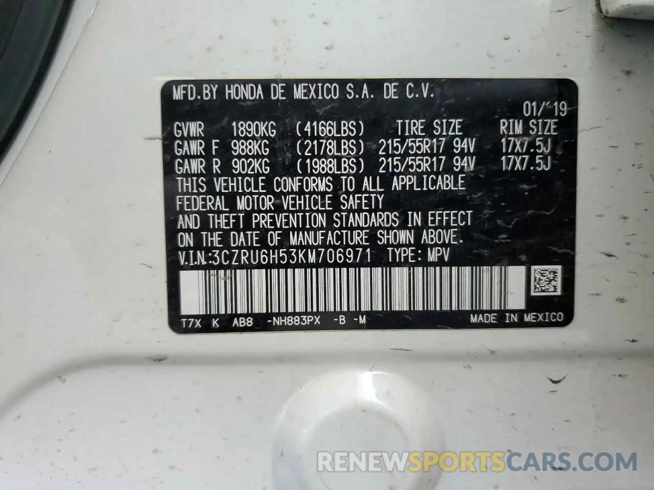 12 fotografías del automóvil dañado 3CZRU6H53KM706971 HONDA HR-V 2019