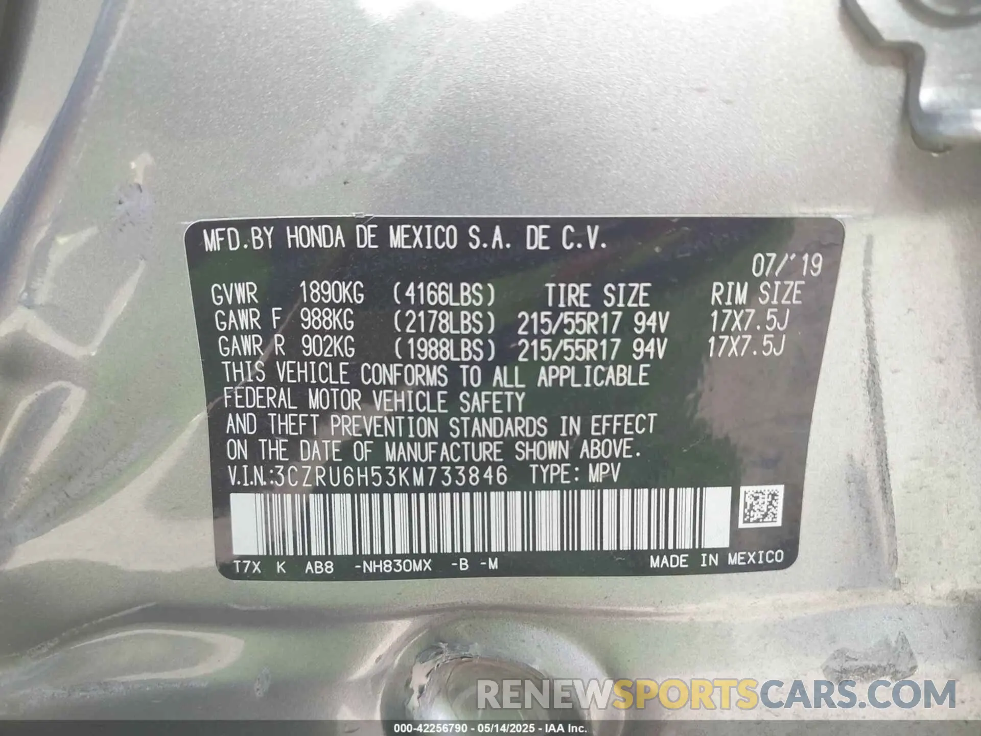 9 fotografías del automóvil dañado 3CZRU6H53KM733846 HONDA HR-V 2019