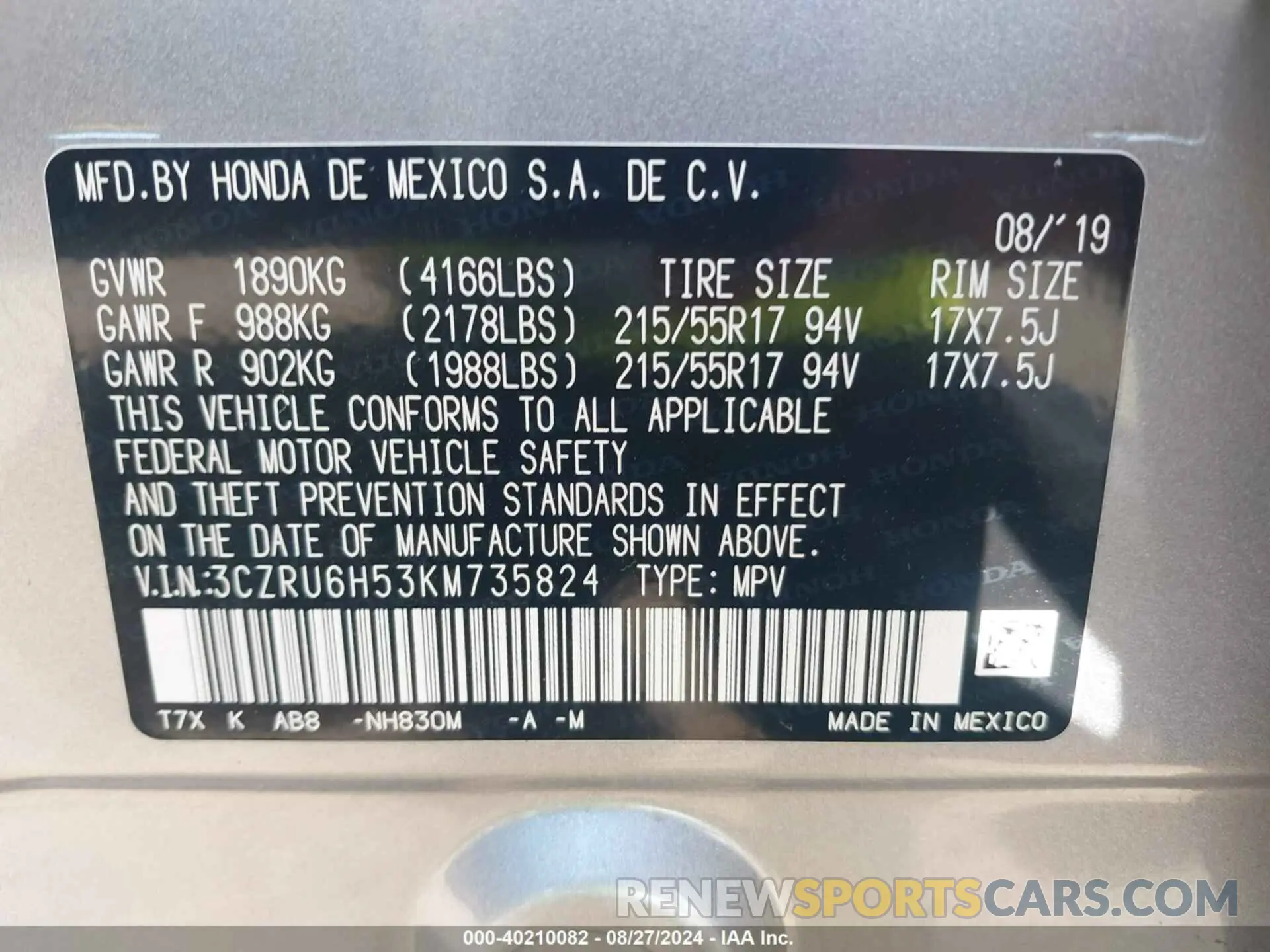 9 fotografías del automóvil dañado 3CZRU6H53KM735824 HONDA HR-V 2019