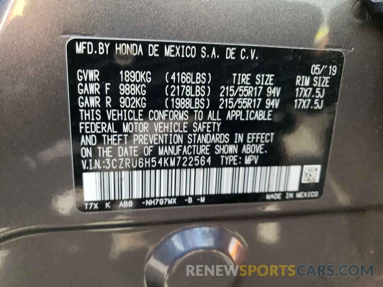 13 fotografías del automóvil dañado 3CZRU6H54KM722564 HONDA HR-V 2019