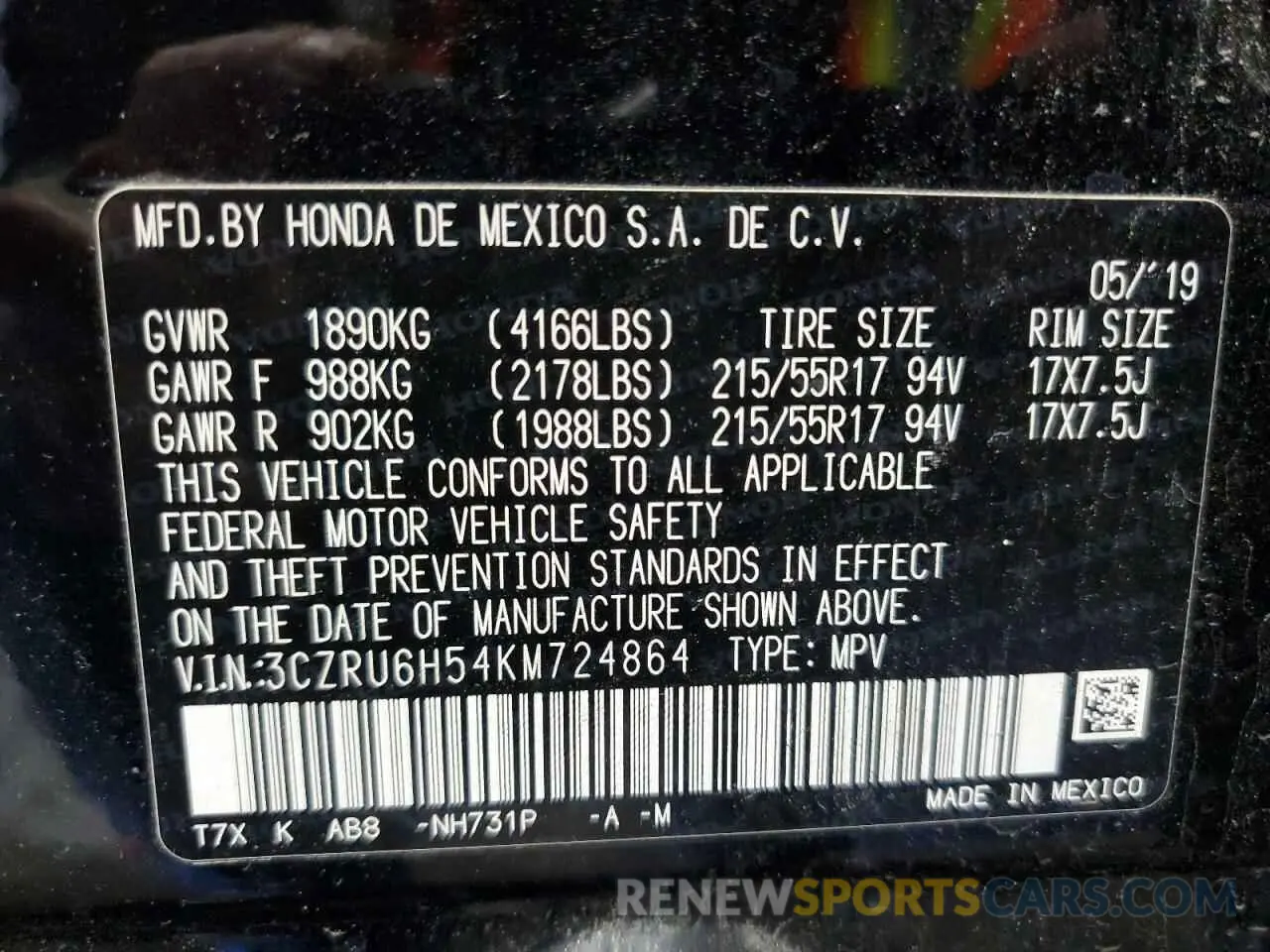 14 fotografías del automóvil dañado 3CZRU6H54KM724864 HONDA HR-V 2019