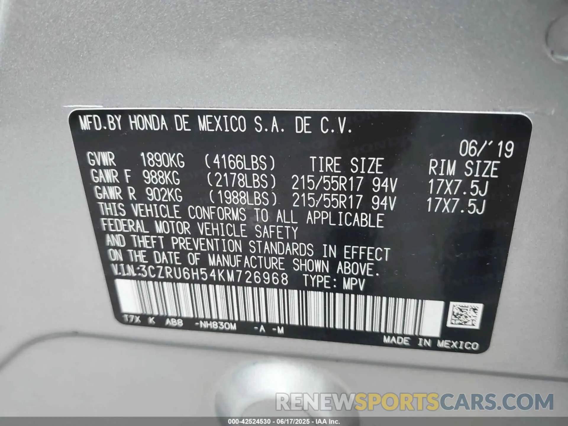 9 fotografías del automóvil dañado 3CZRU6H54KM726968 HONDA HR-V 2019