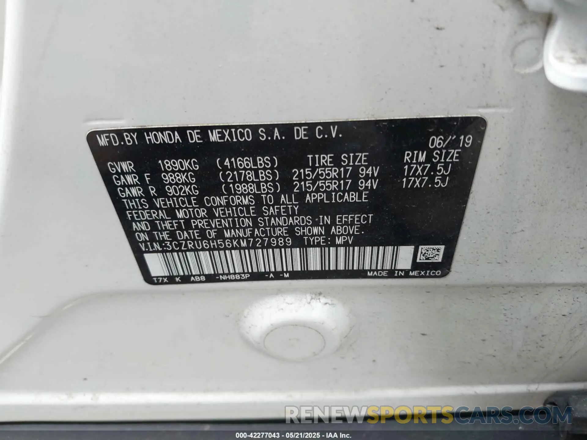 9 fotografías del automóvil dañado 3CZRU6H56KM727989 HONDA HR-V 2019