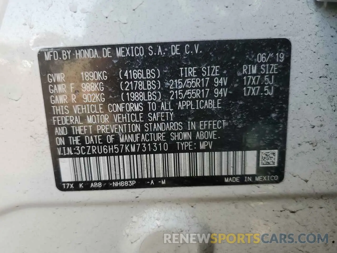 13 fotografías del automóvil dañado 3CZRU6H57KM731310 HONDA HR-V 2019