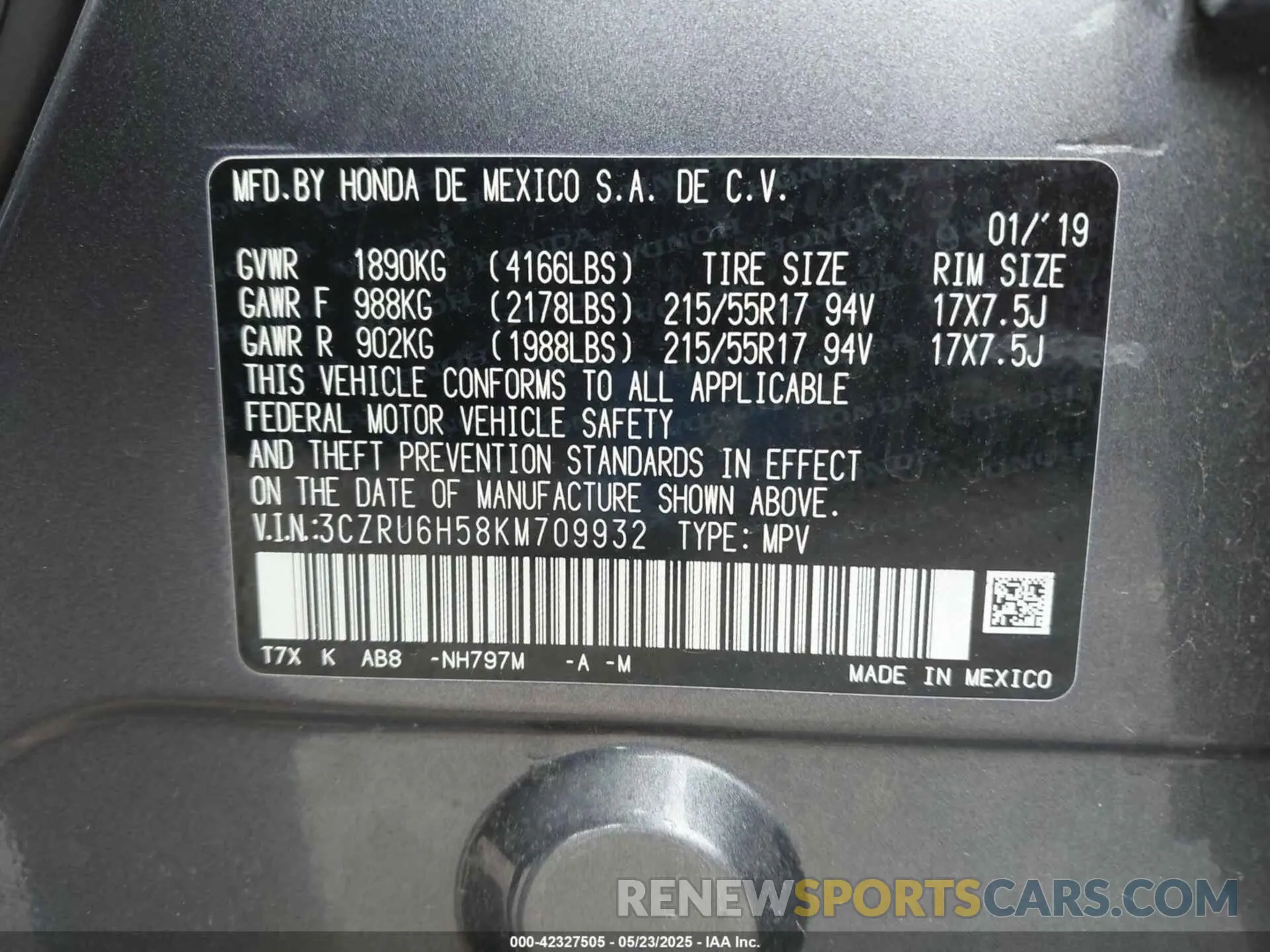 9 fotografías del automóvil dañado 3CZRU6H58KM709932 HONDA HR-V 2019