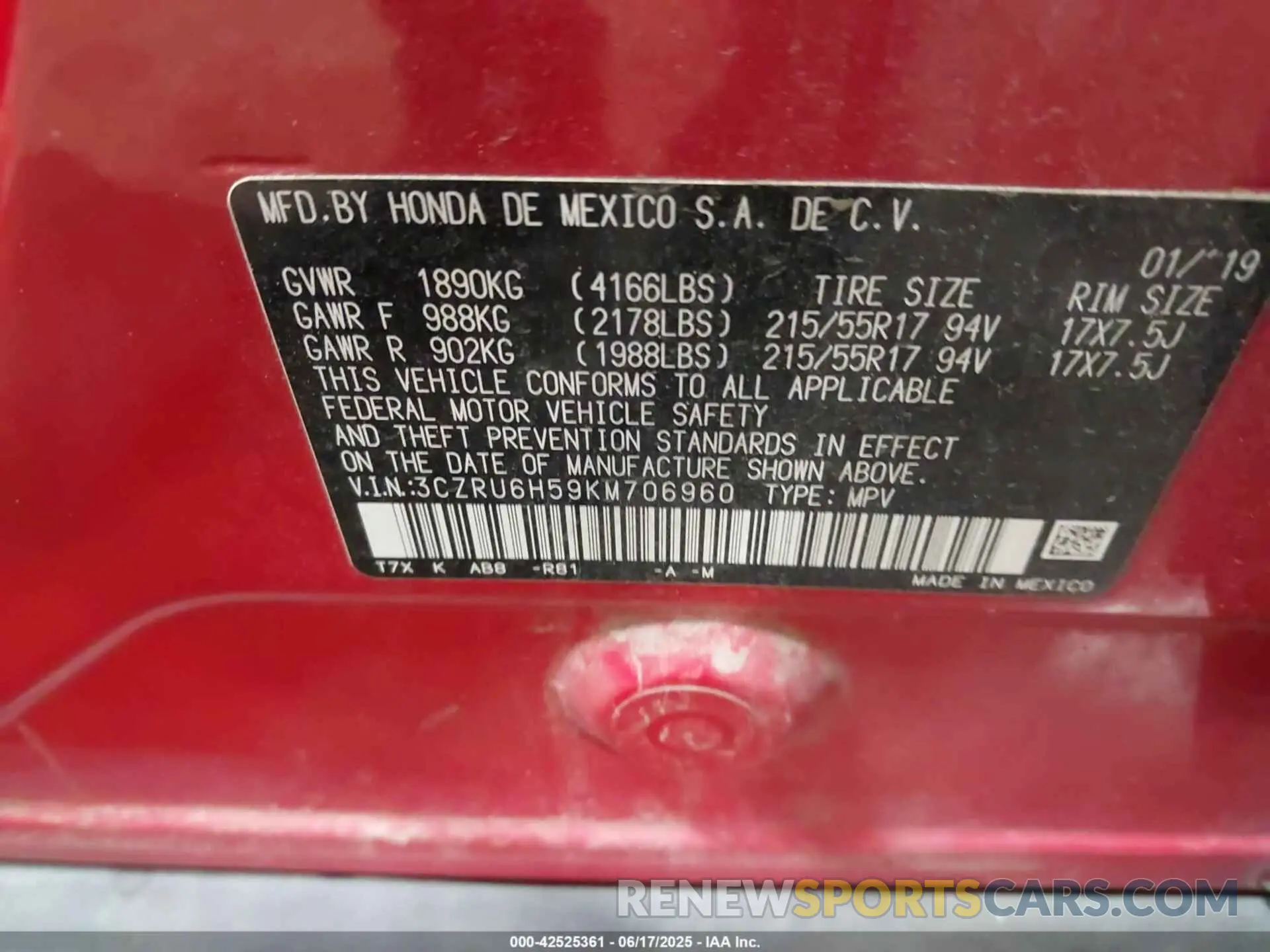 9 fotografías del automóvil dañado 3CZRU6H59KM706960 HONDA HR-V 2019