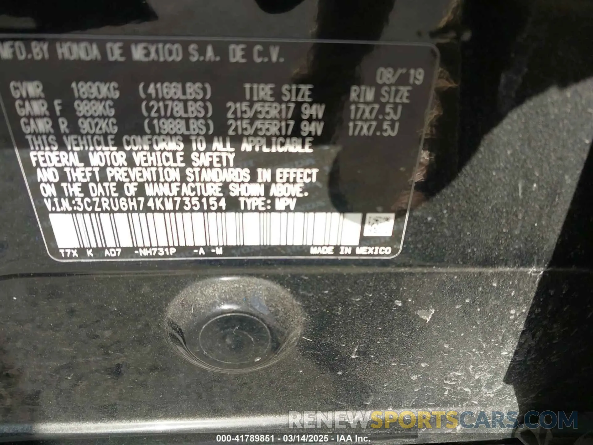 9 fotografías del automóvil dañado 3CZRU6H74KM735154 HONDA HR-V 2019