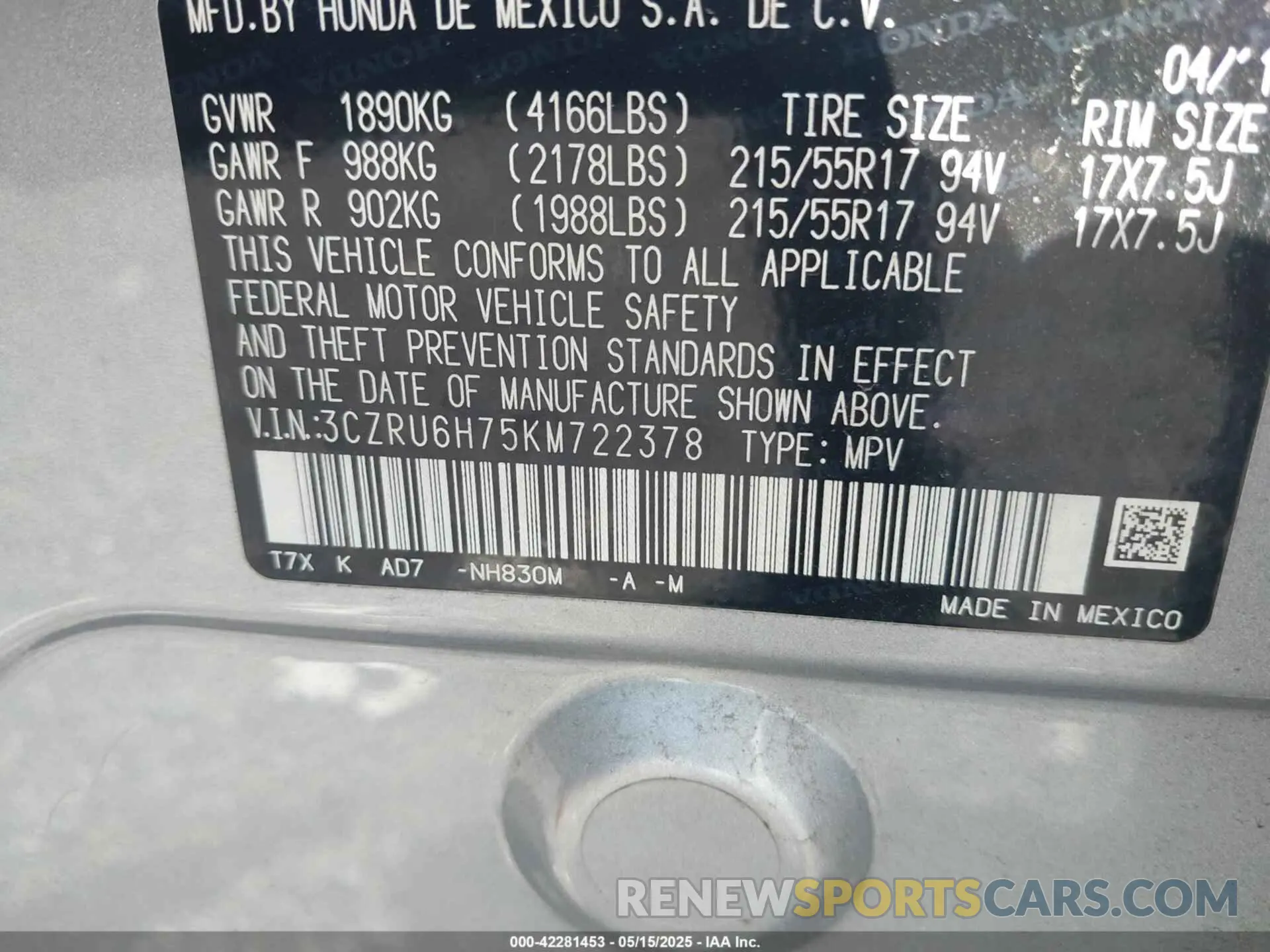 9 fotografías del automóvil dañado 3CZRU6H75KM722378 HONDA HR-V 2019
