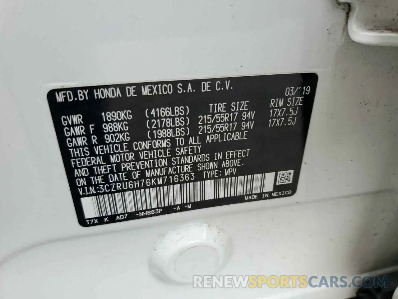 13 fotografías del automóvil dañado 3CZRU6H76KM716363 HONDA HR-V 2019