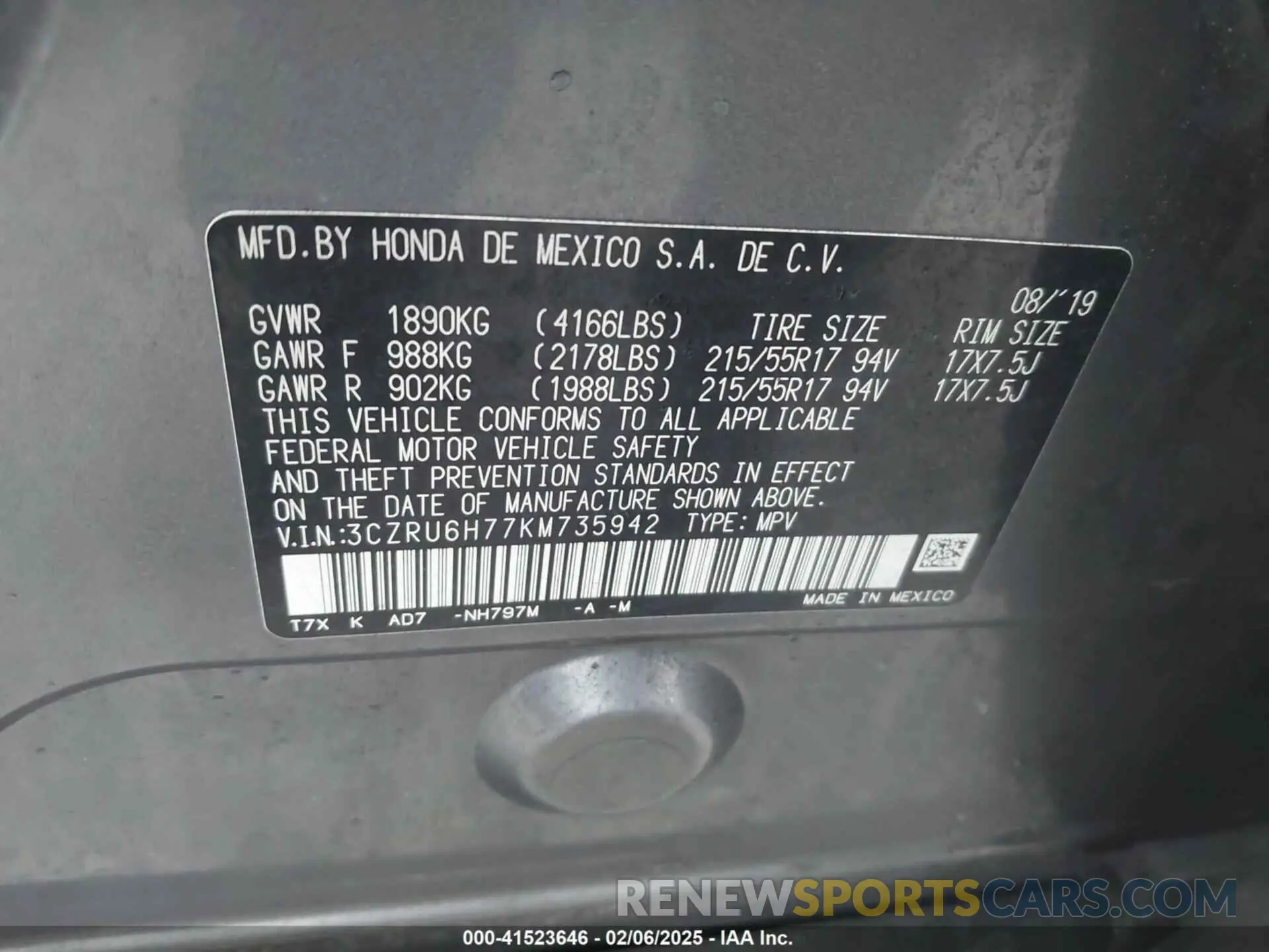 9 fotografías del automóvil dañado 3CZRU6H77KM735942 HONDA HR-V 2019