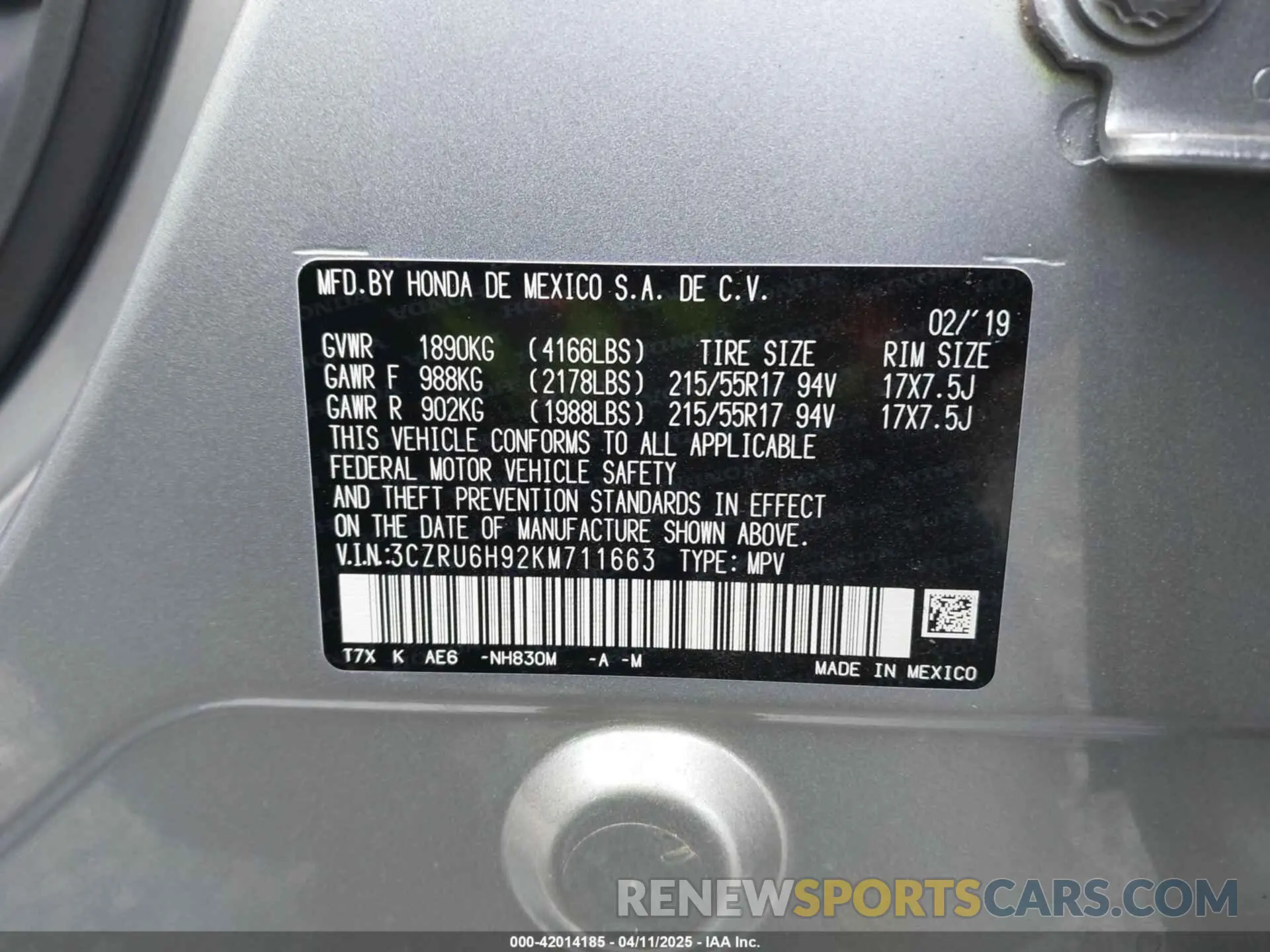 9 fotografías del automóvil dañado 3CZRU6H92KM711663 HONDA HR-V 2019