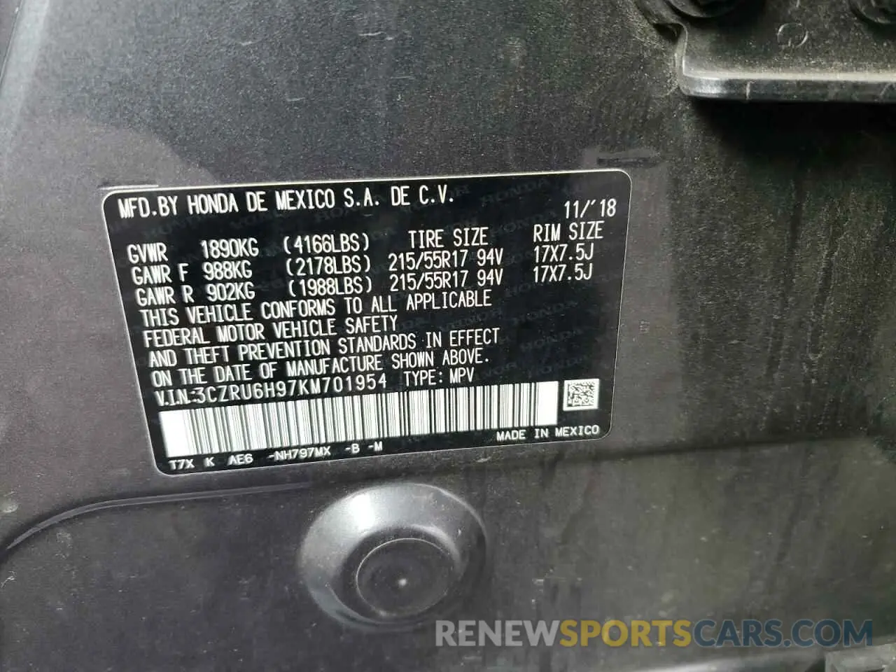 12 fotografías del automóvil dañado 3CZRU6H97KM701954 HONDA HR-V 2019