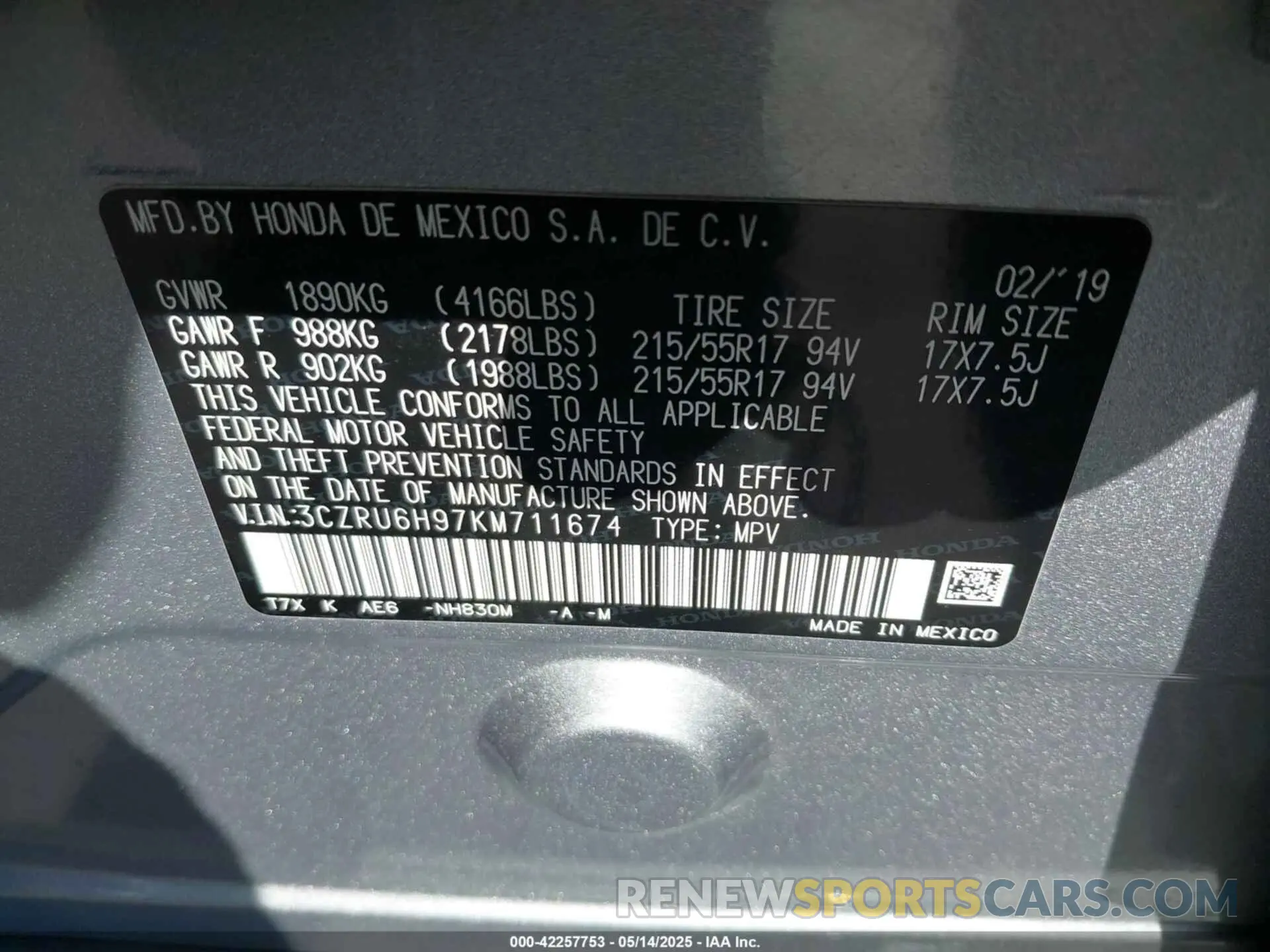 9 fotografías del automóvil dañado 3CZRU6H97KM711674 HONDA HR-V 2019