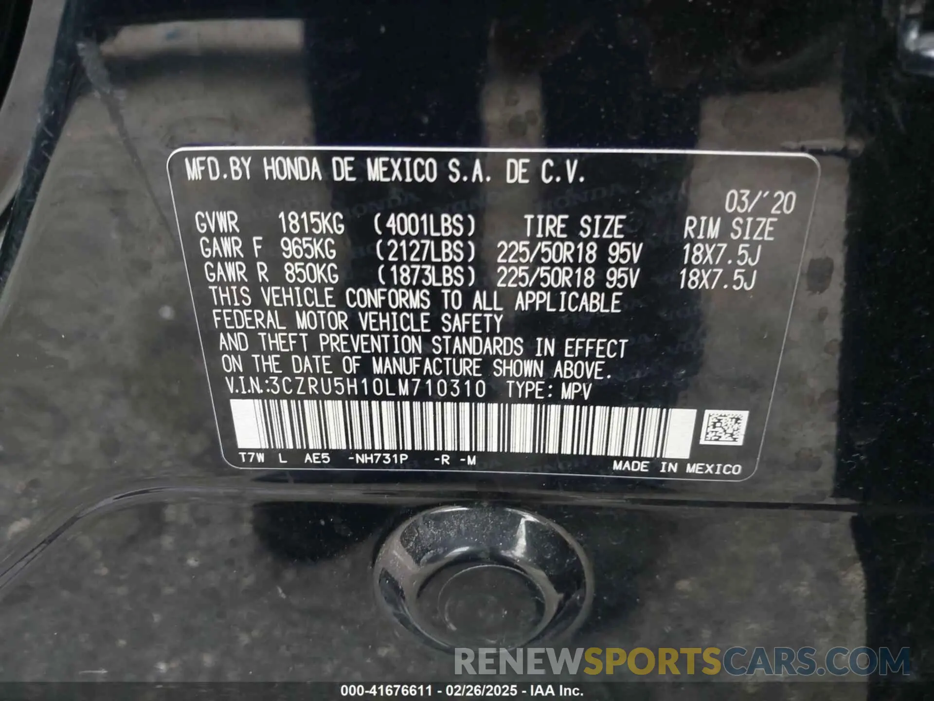 9 fotografías del automóvil dañado 3CZRU5H10LM710310 HONDA HR-V 2020