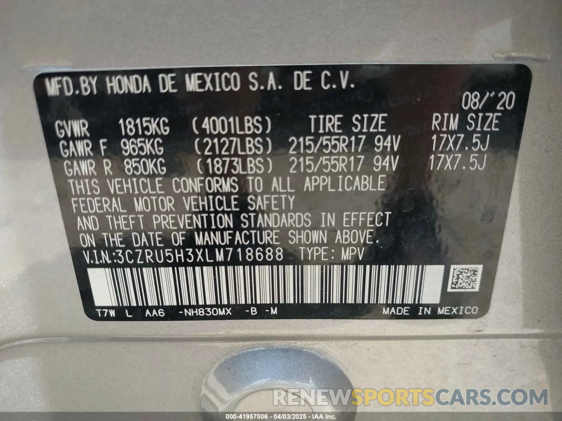 9 fotografías del automóvil dañado 3CZRU5H3XLM718688 HONDA HR-V 2020