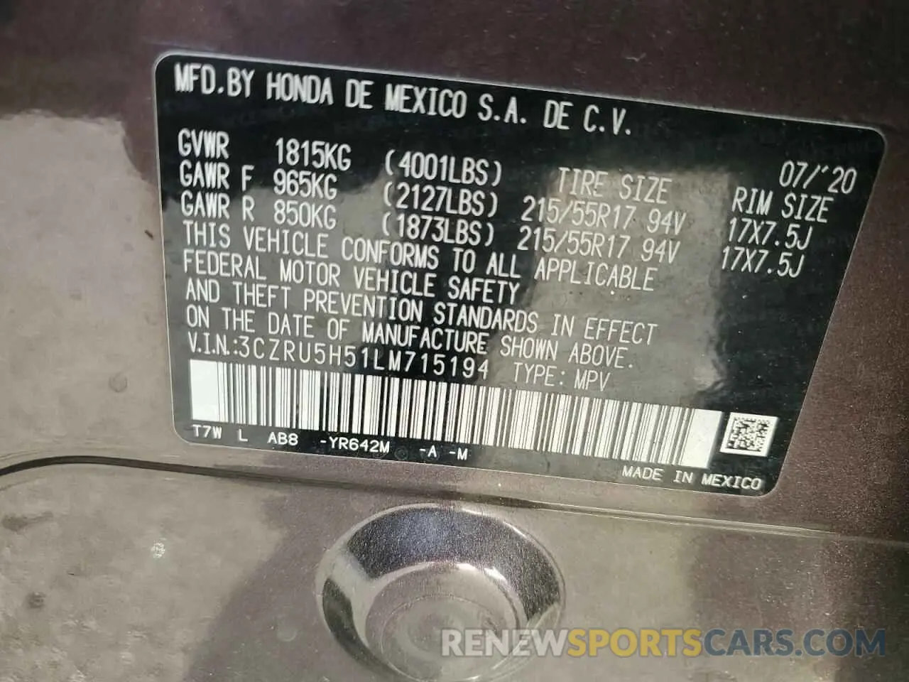 14 fotografías del automóvil dañado 3CZRU5H51LM715194 HONDA HR-V 2020