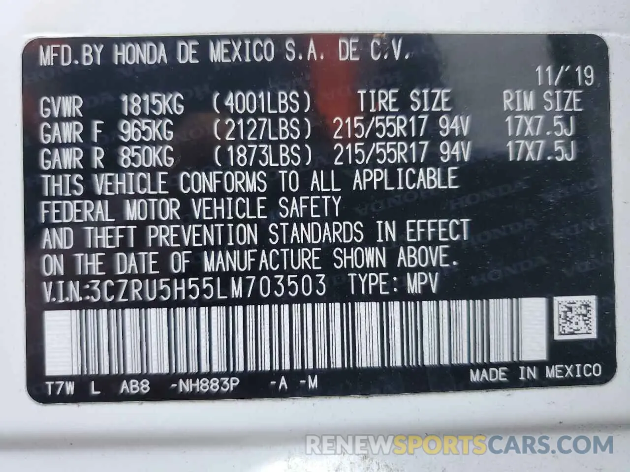 14 fotografías del automóvil dañado 3CZRU5H55LM703503 HONDA HR-V 2020