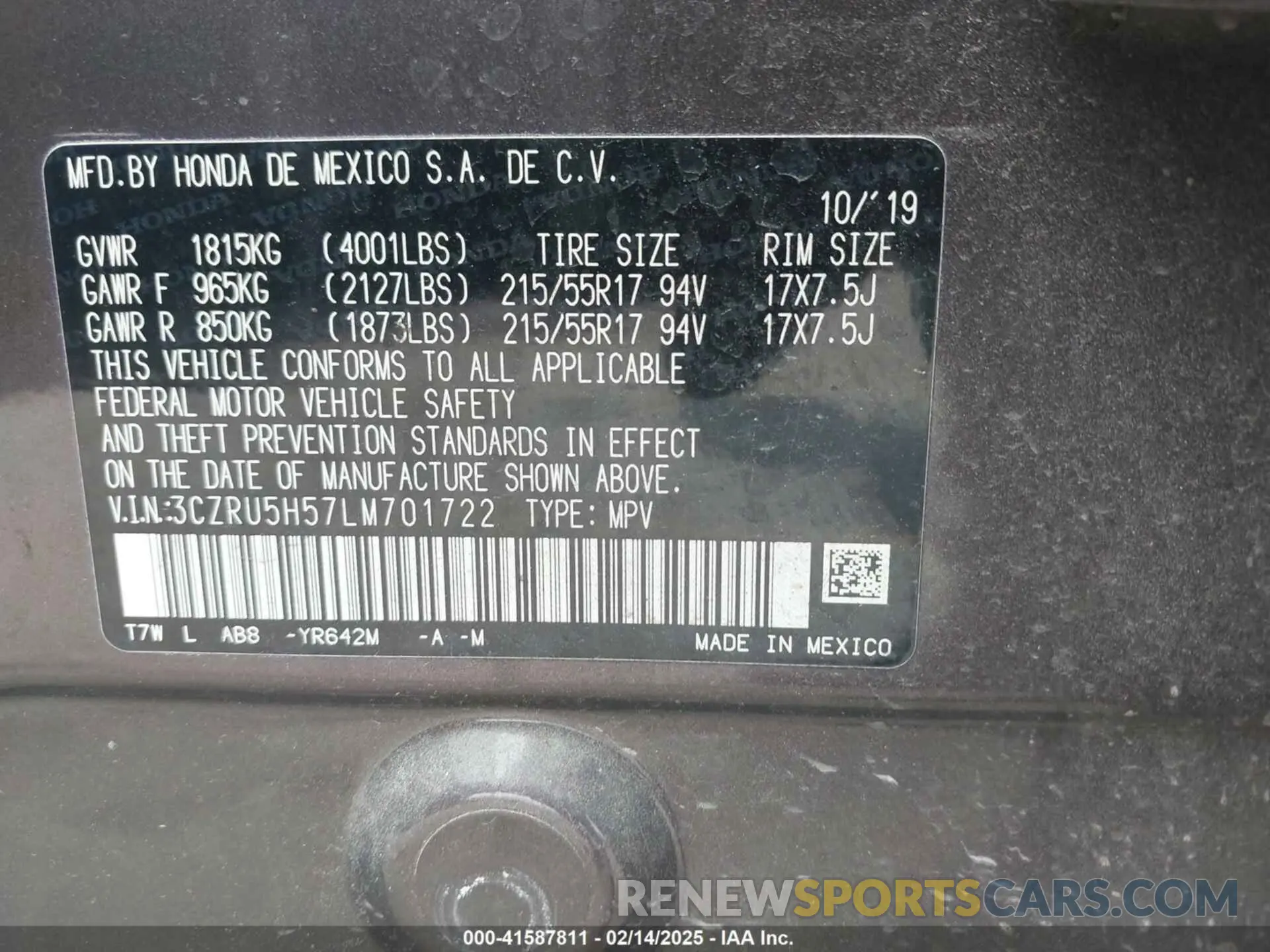 9 fotografías del automóvil dañado 3CZRU5H57LM701722 HONDA HR-V 2020