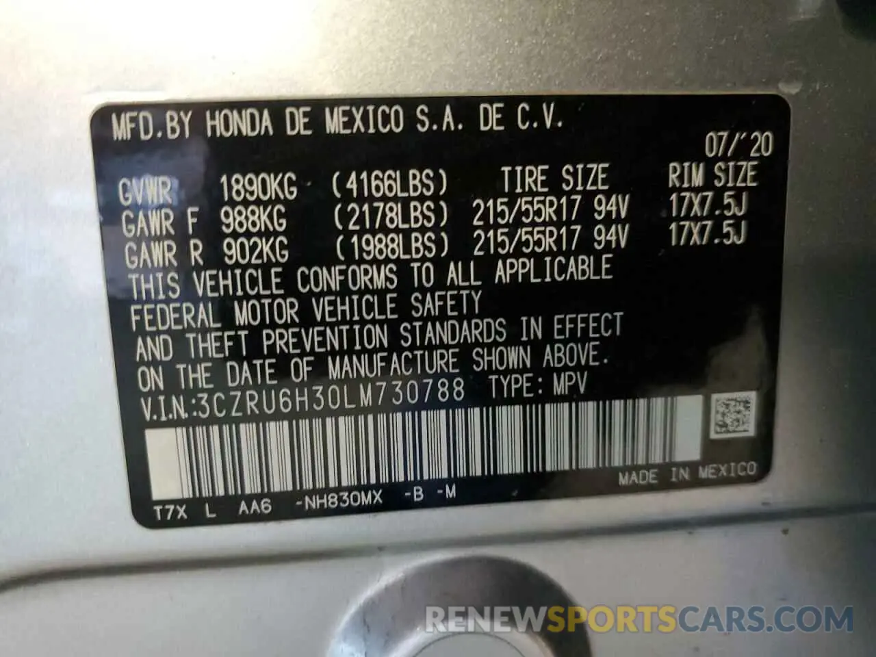 14 fotografías del automóvil dañado 3CZRU6H30LM730788 HONDA HR-V 2020