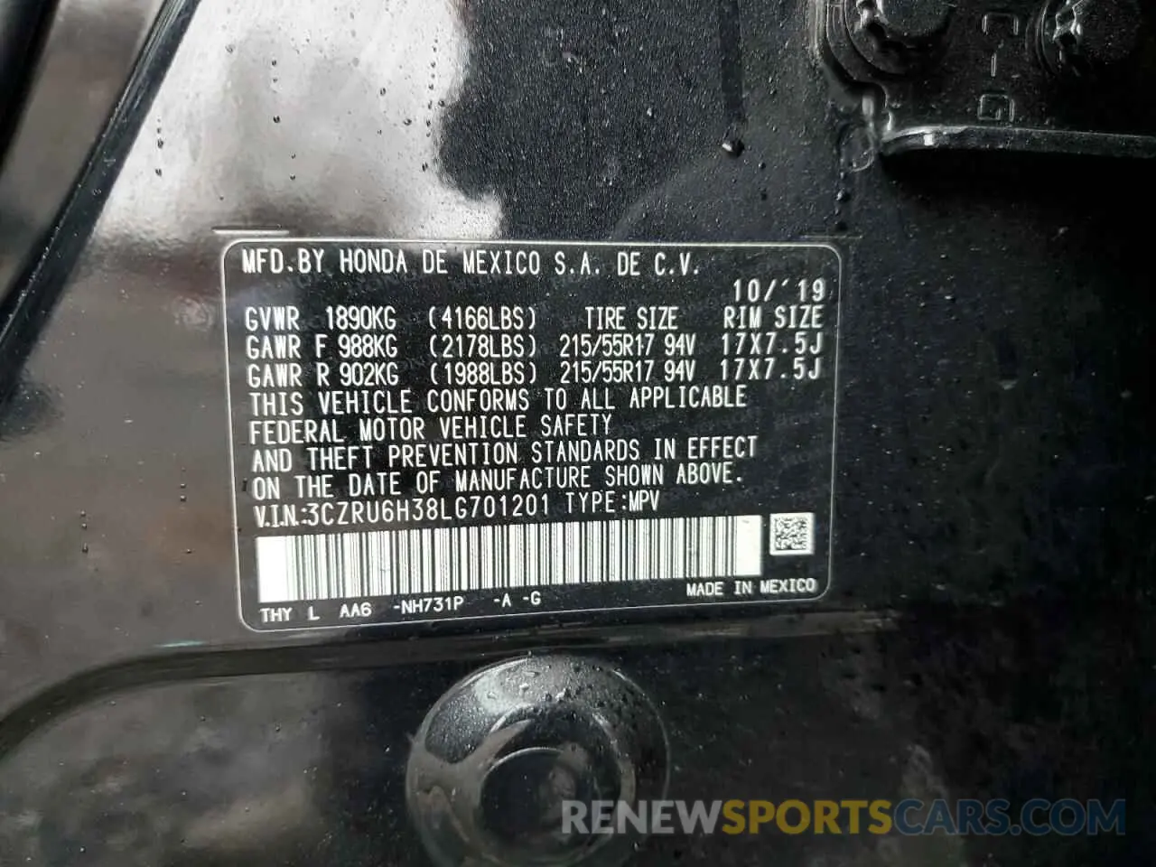 14 fotografías del automóvil dañado 3CZRU6H38LG701201 HONDA HR-V 2020