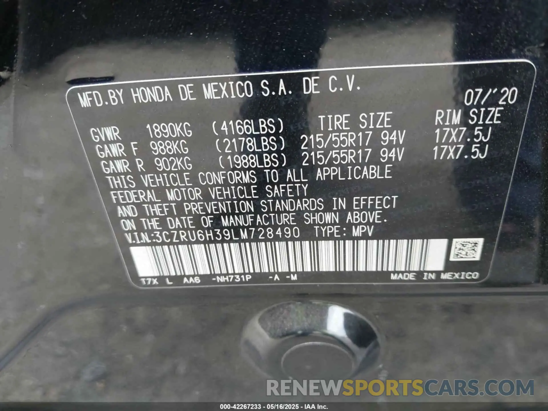 9 fotografías del automóvil dañado 3CZRU6H39LM728490 HONDA HR-V 2020