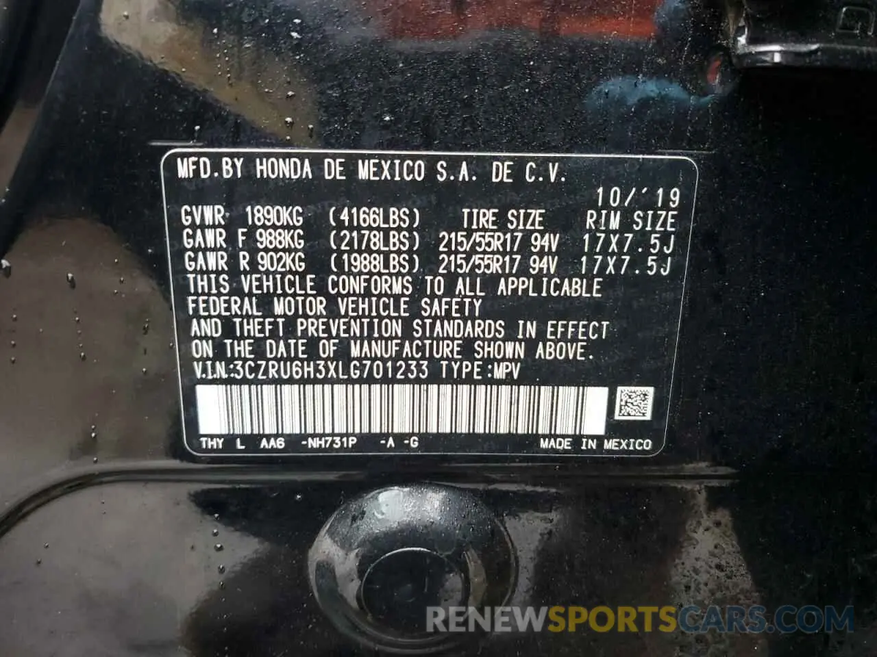13 fotografías del automóvil dañado 3CZRU6H3XLG701233 HONDA HR-V 2020