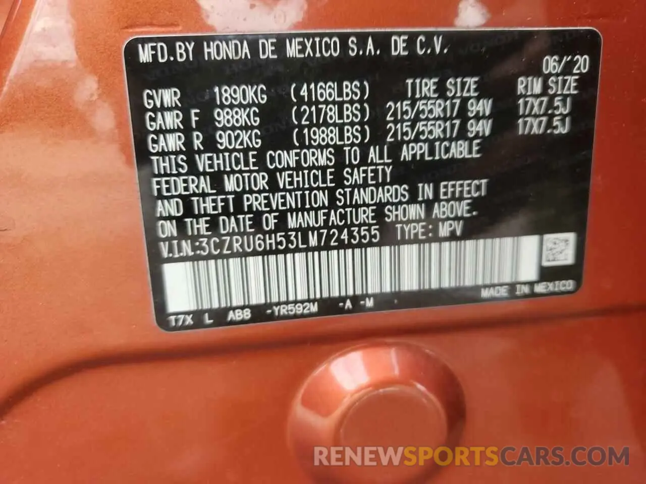 14 fotografías del automóvil dañado 3CZRU6H53LM724355 HONDA HR-V 2020