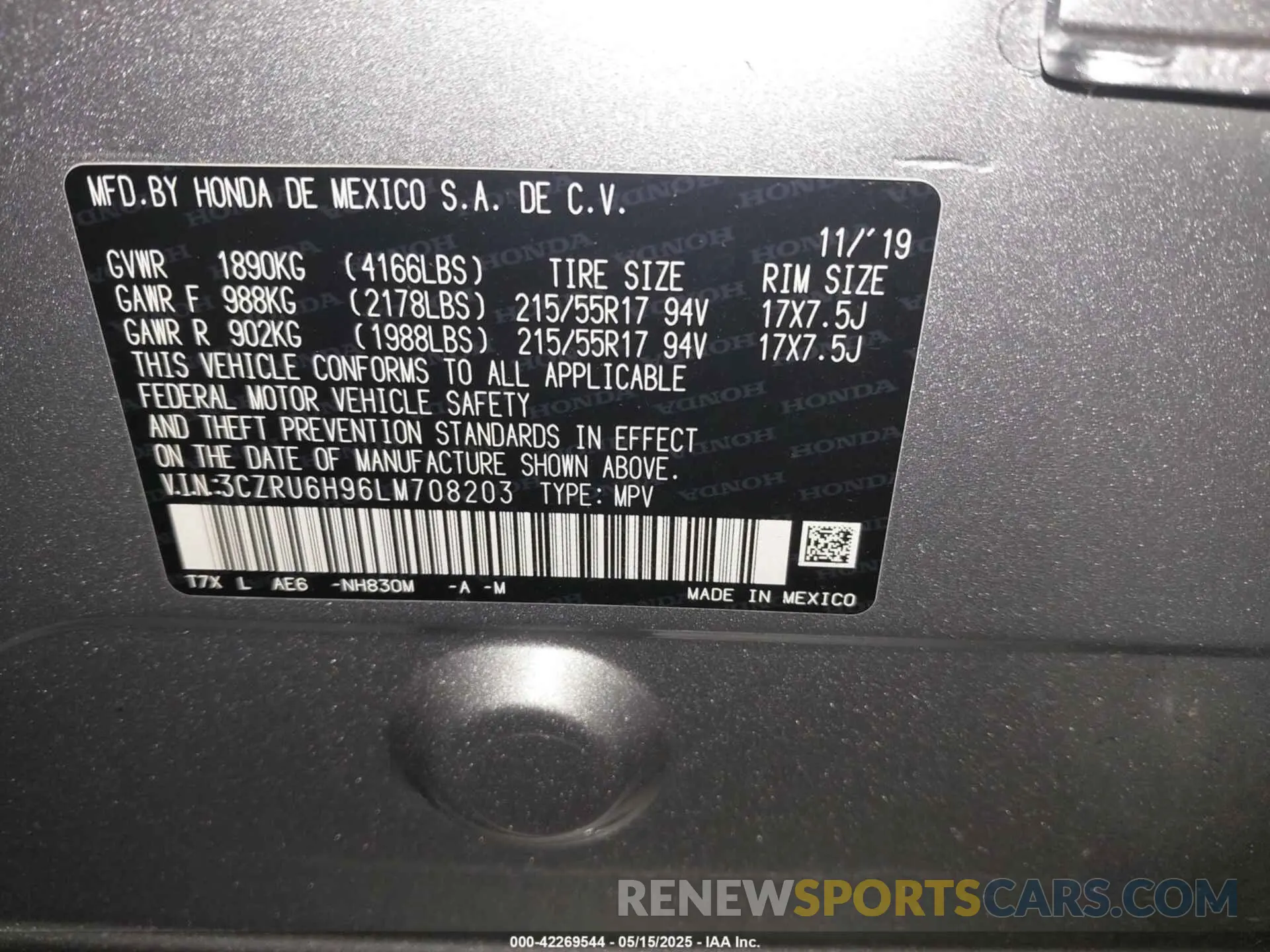 9 fotografías del automóvil dañado 3CZRU6H96LM708203 HONDA HR-V 2020