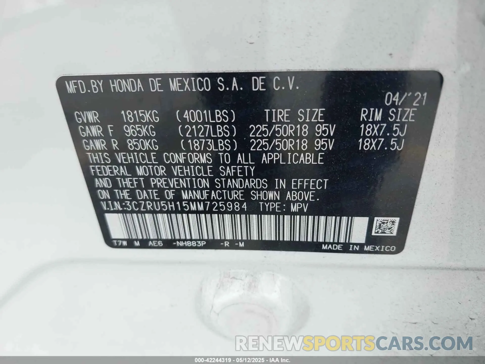 9 fotografías del automóvil dañado 3CZRU5H15MM725984 HONDA HR-V 2021