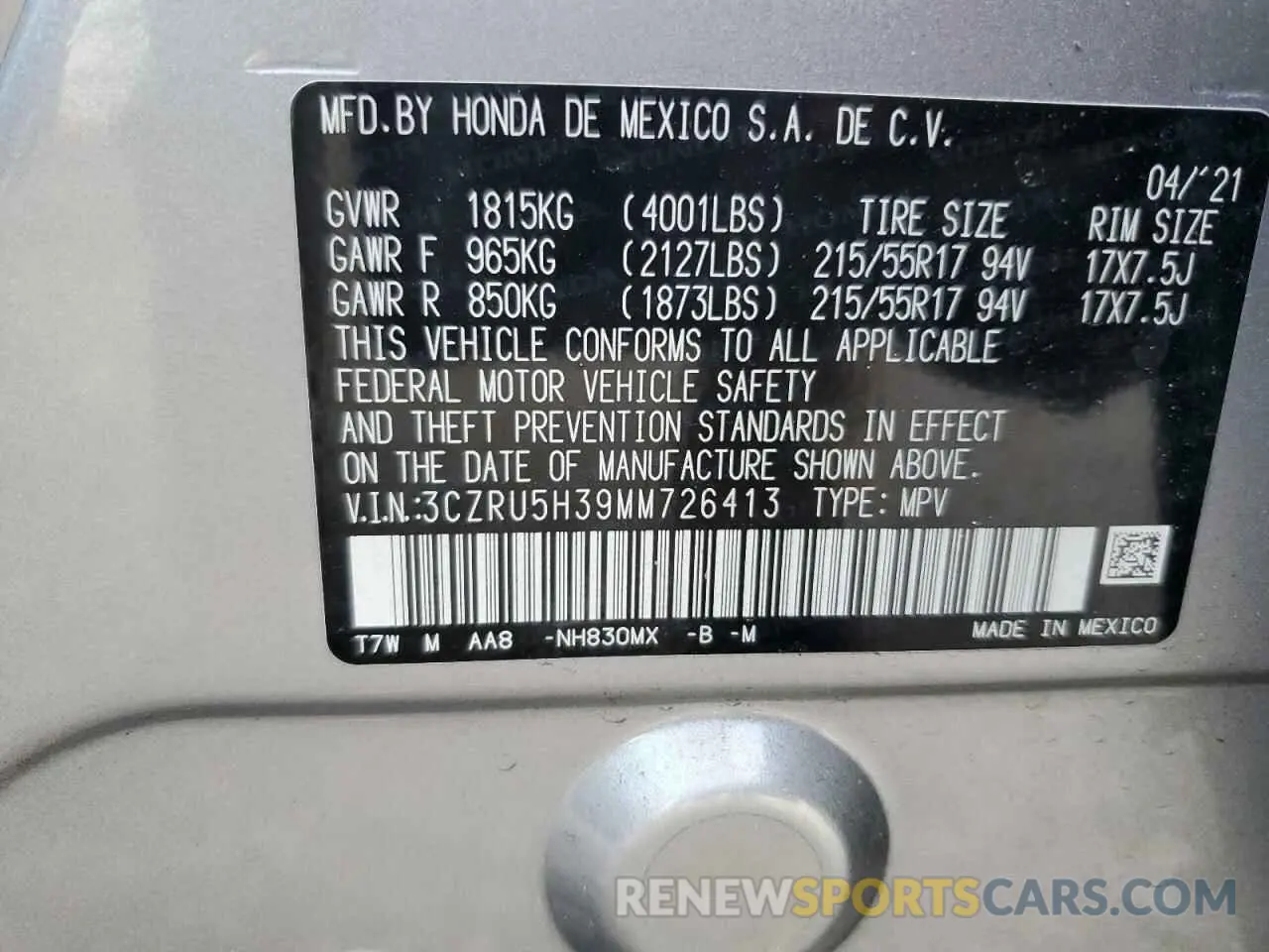 15 fotografías del automóvil dañado 3CZRU5H39MM726413 HONDA HR-V 2021