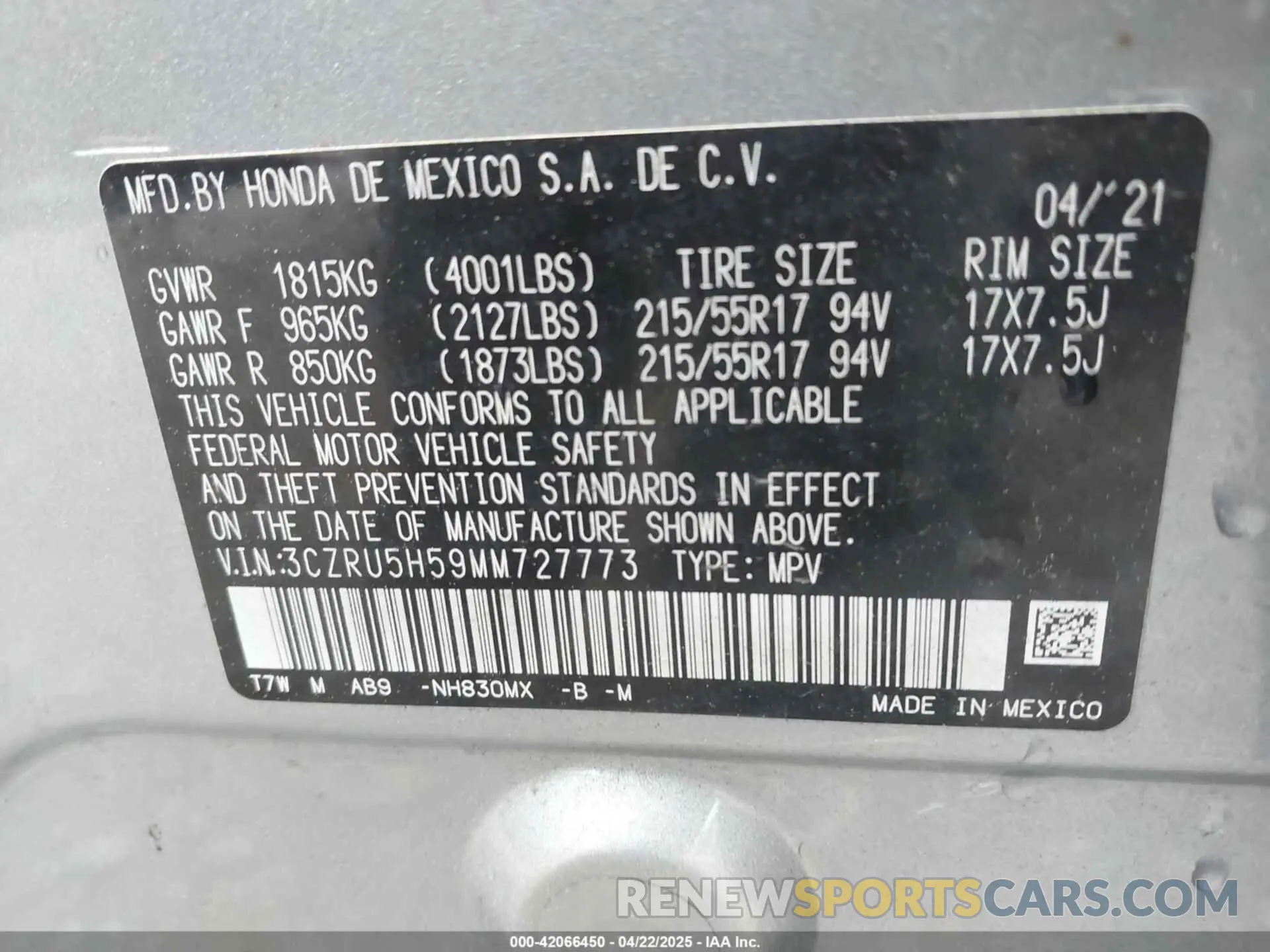 9 fotografías del automóvil dañado 3CZRU5H59MM727773 HONDA HR-V 2021
