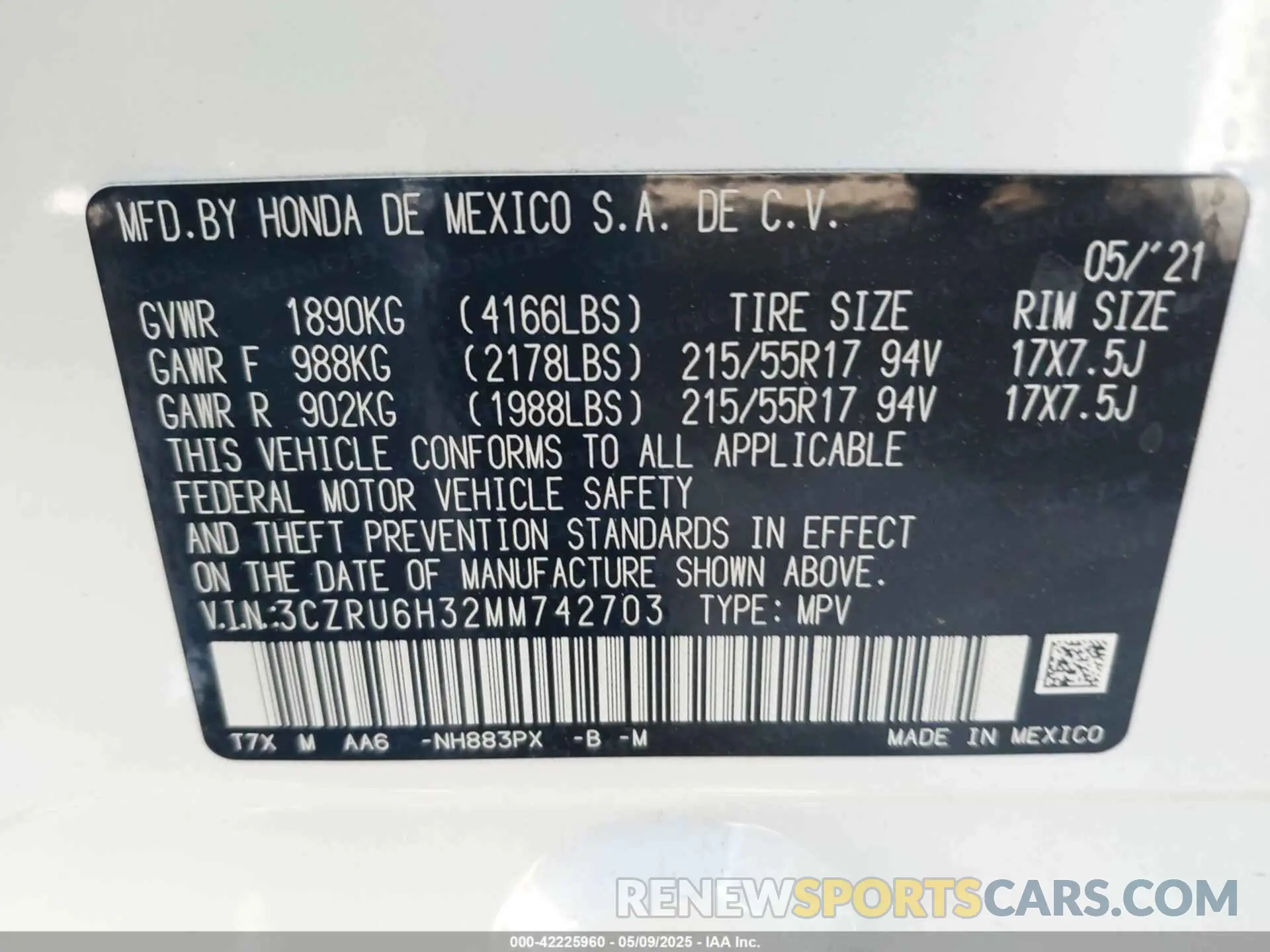 9 fotografías del automóvil dañado 3CZRU6H32MM742703 HONDA HR-V 2021