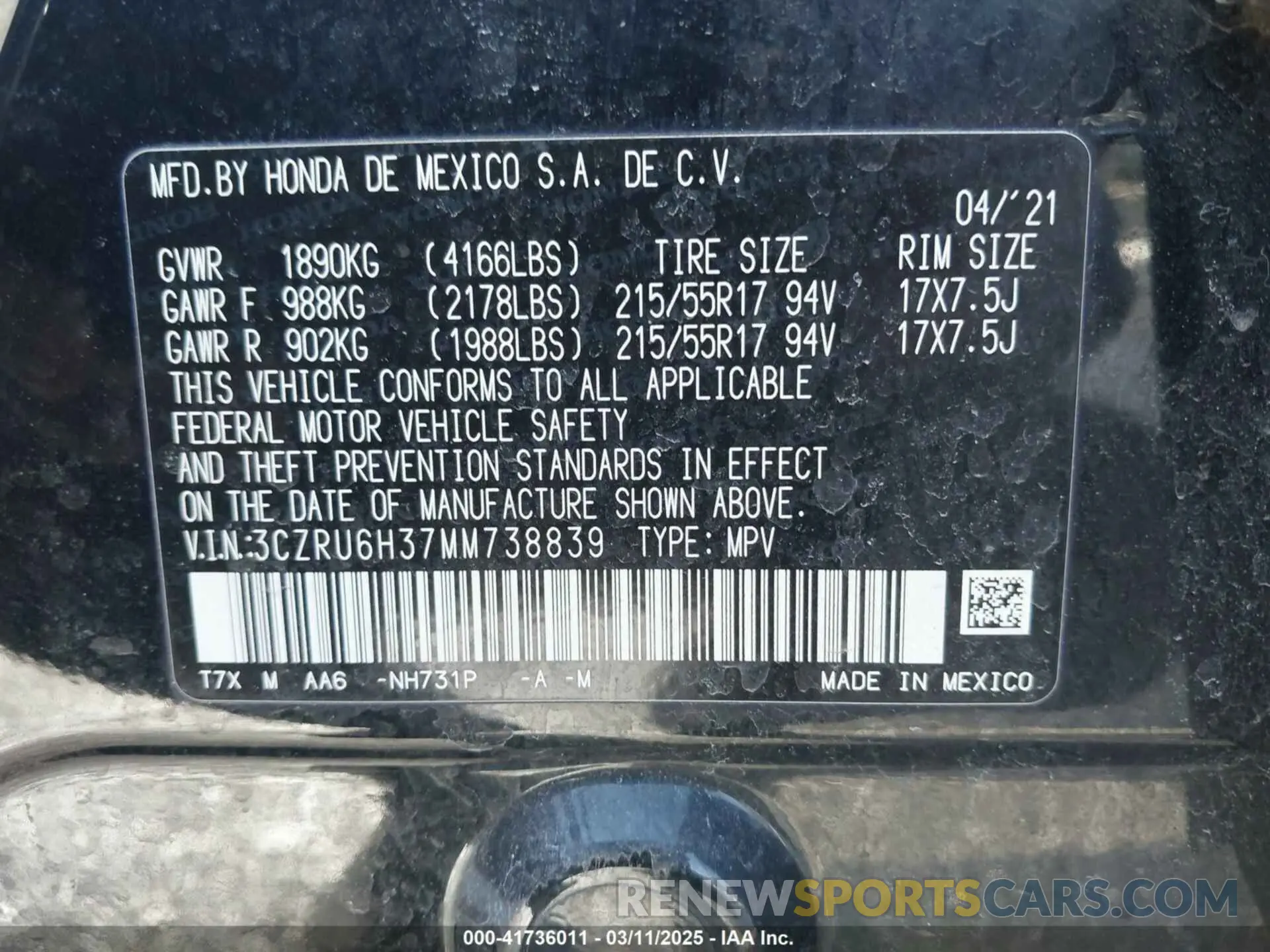 9 fotografías del automóvil dañado 3CZRU6H37MM738839 HONDA HR-V 2021