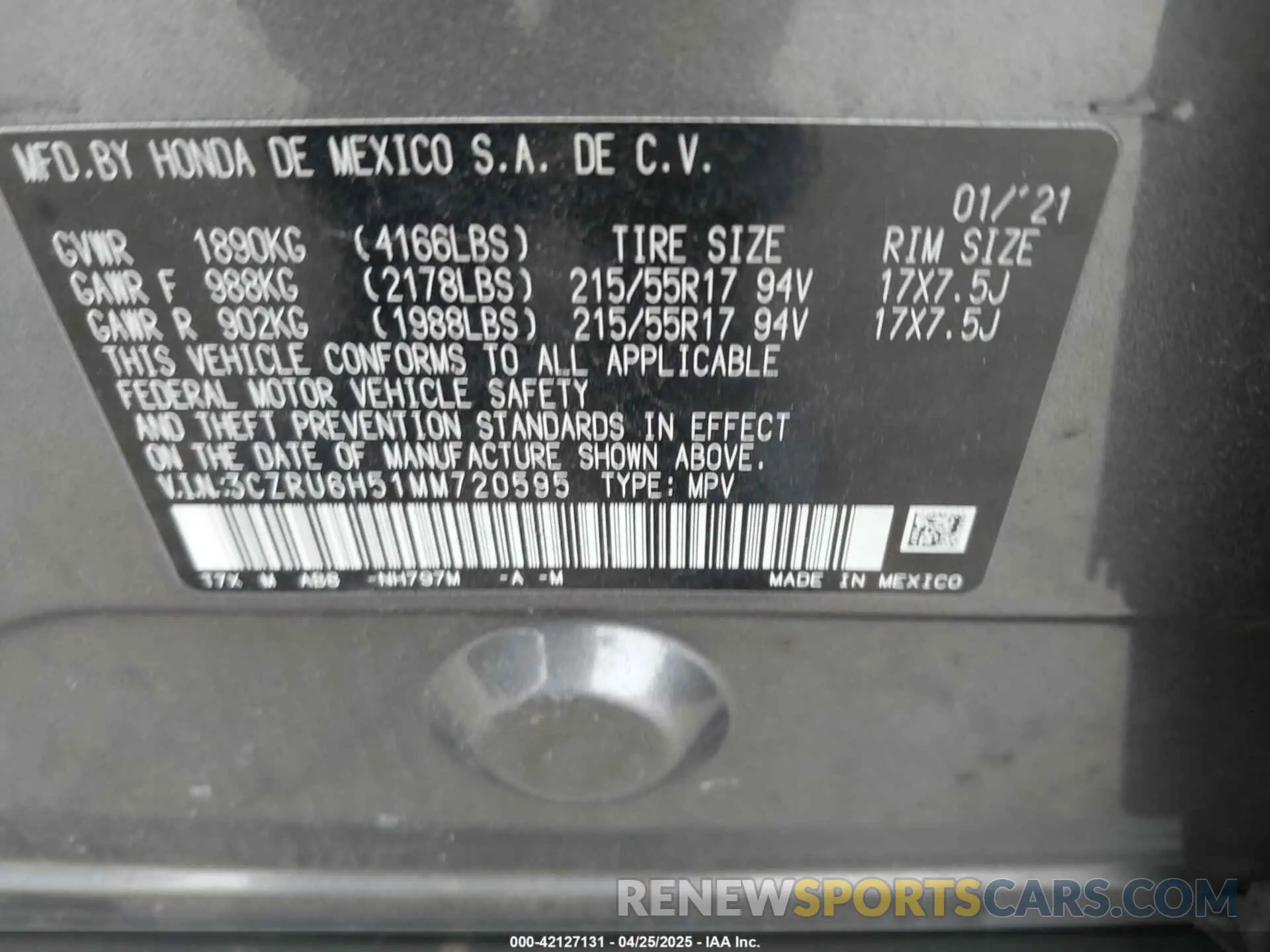 9 fotografías del automóvil dañado 3CZRU6H51MM720595 HONDA HR-V 2021