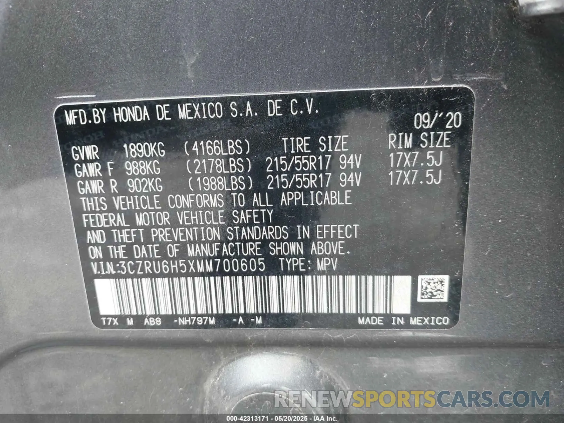 9 fotografías del automóvil dañado 3CZRU6H5XMM700605 HONDA HR-V 2021