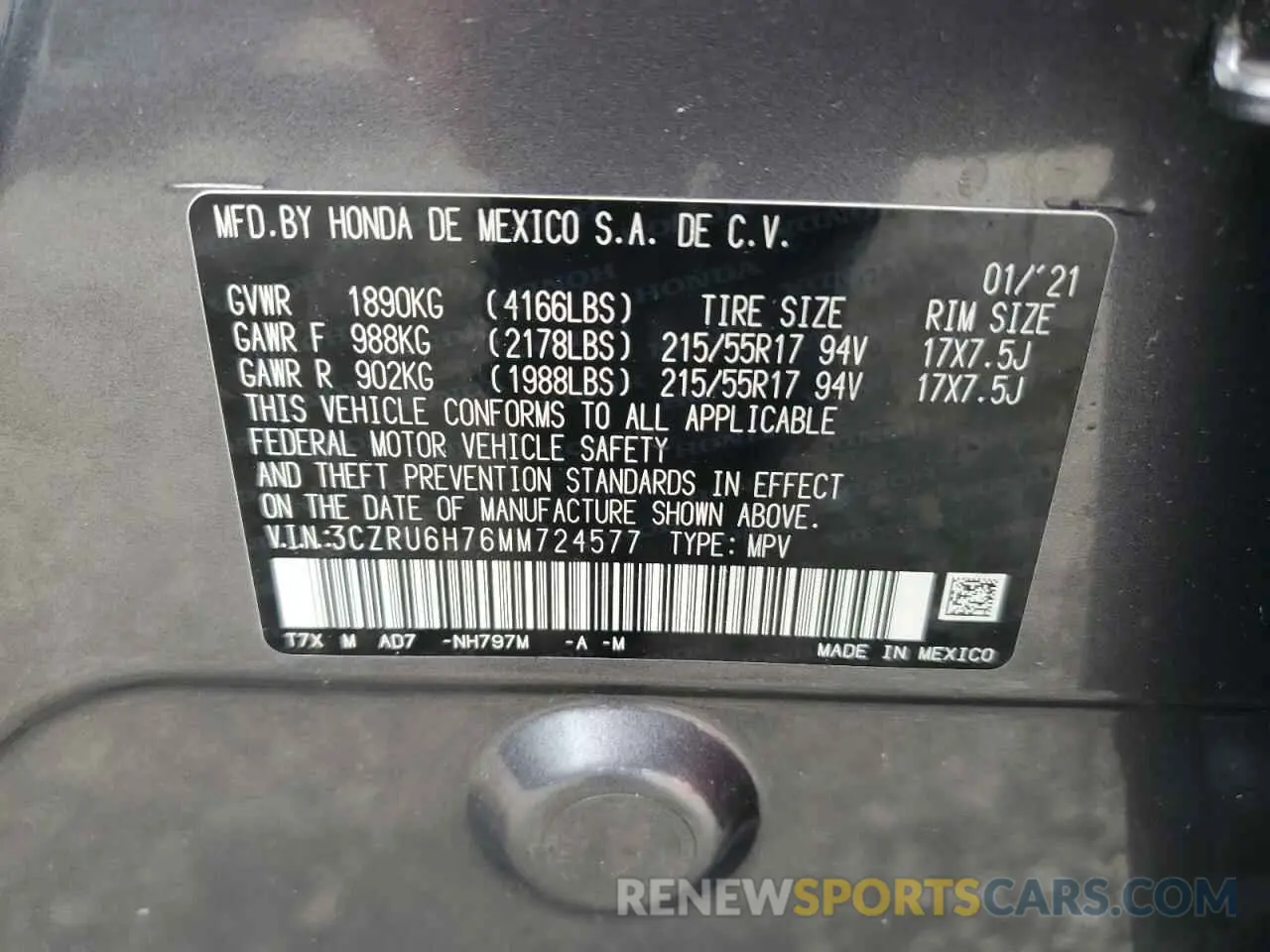 13 fotografías del automóvil dañado 3CZRU6H76MM724577 HONDA HR-V 2021