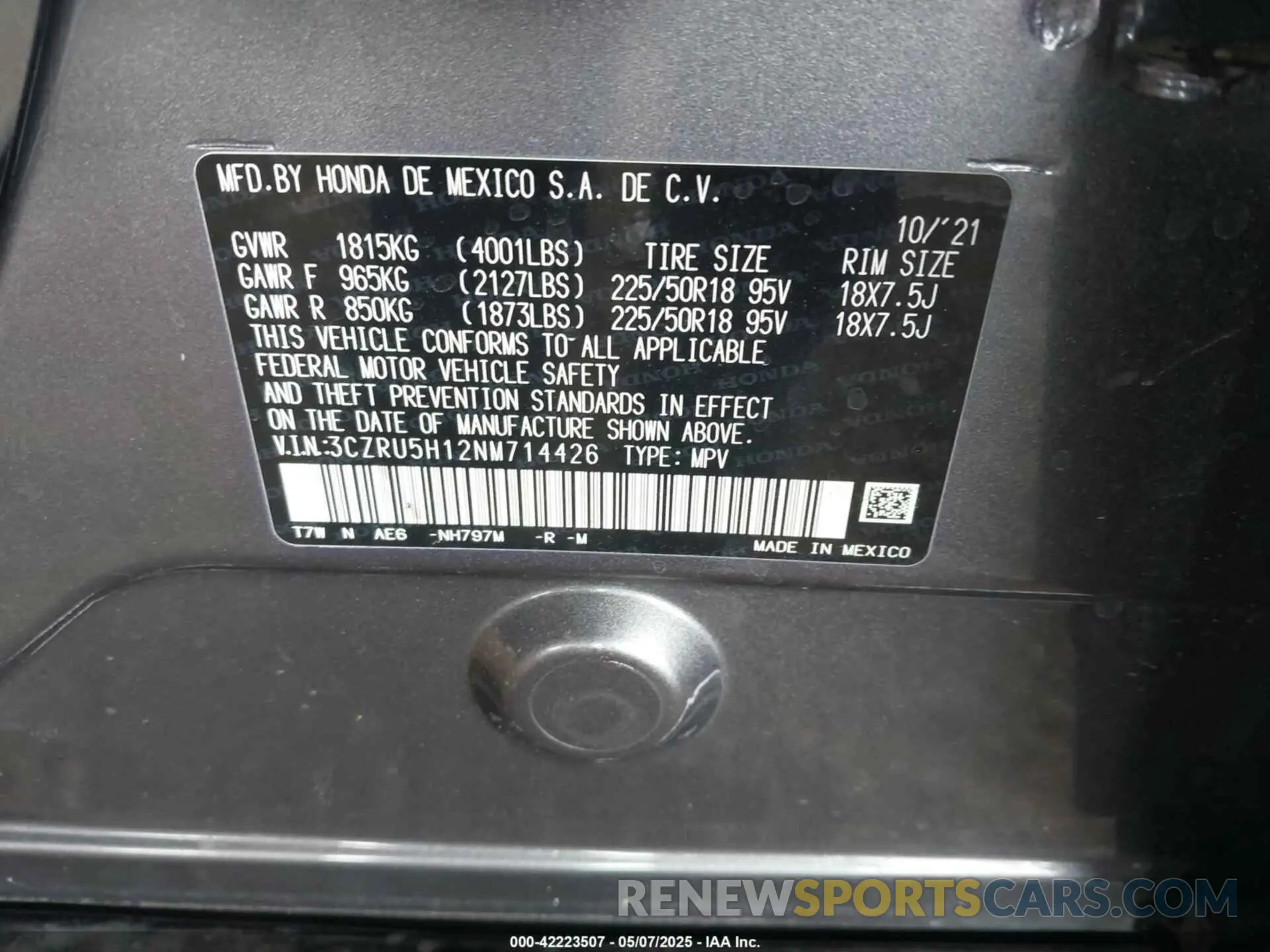 9 fotografías del automóvil dañado 3CZRU5H12NM714426 HONDA HR-V 2022