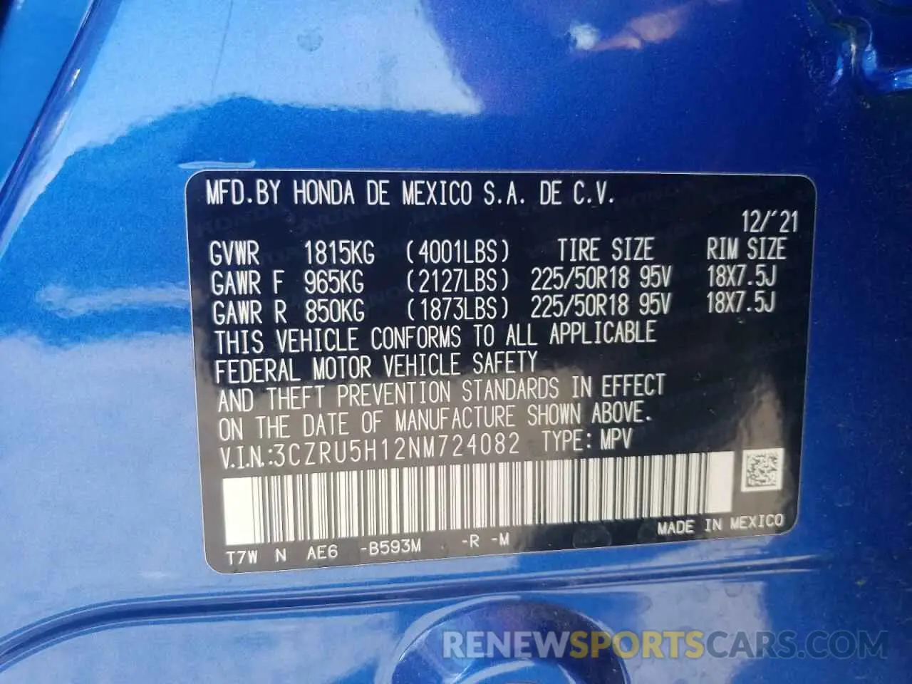 12 fotografías del automóvil dañado 3CZRU5H12NM724082 HONDA HR-V 2022