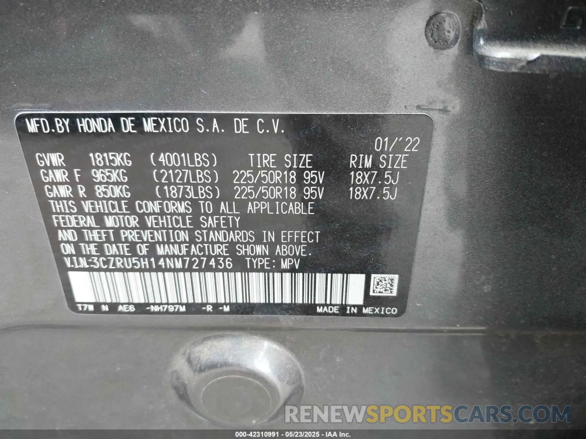 9 fotografías del automóvil dañado 3CZRU5H14NM727436 HONDA HR-V 2022