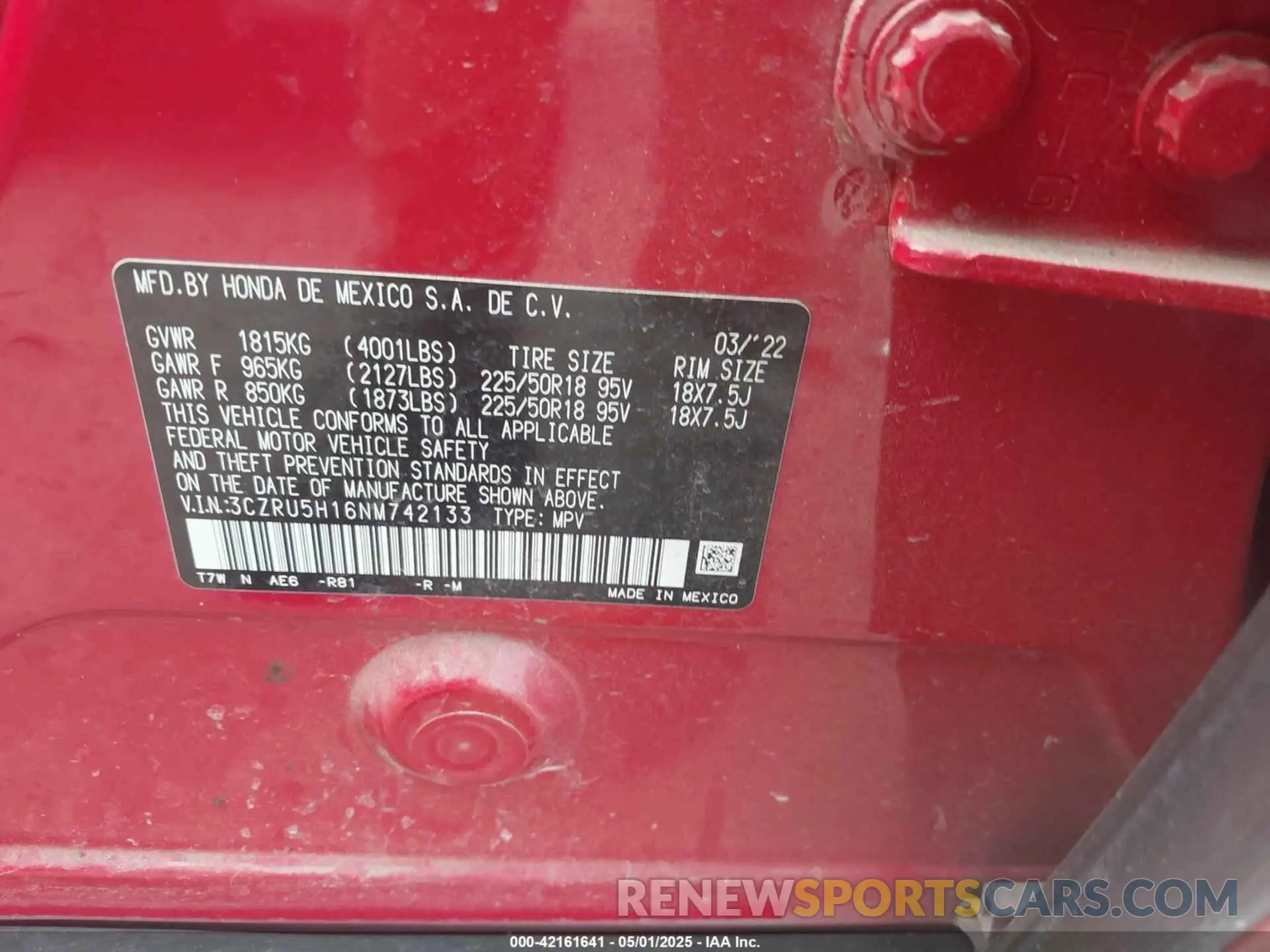 9 fotografías del automóvil dañado 3CZRU5H16NM742133 HONDA HR-V 2022